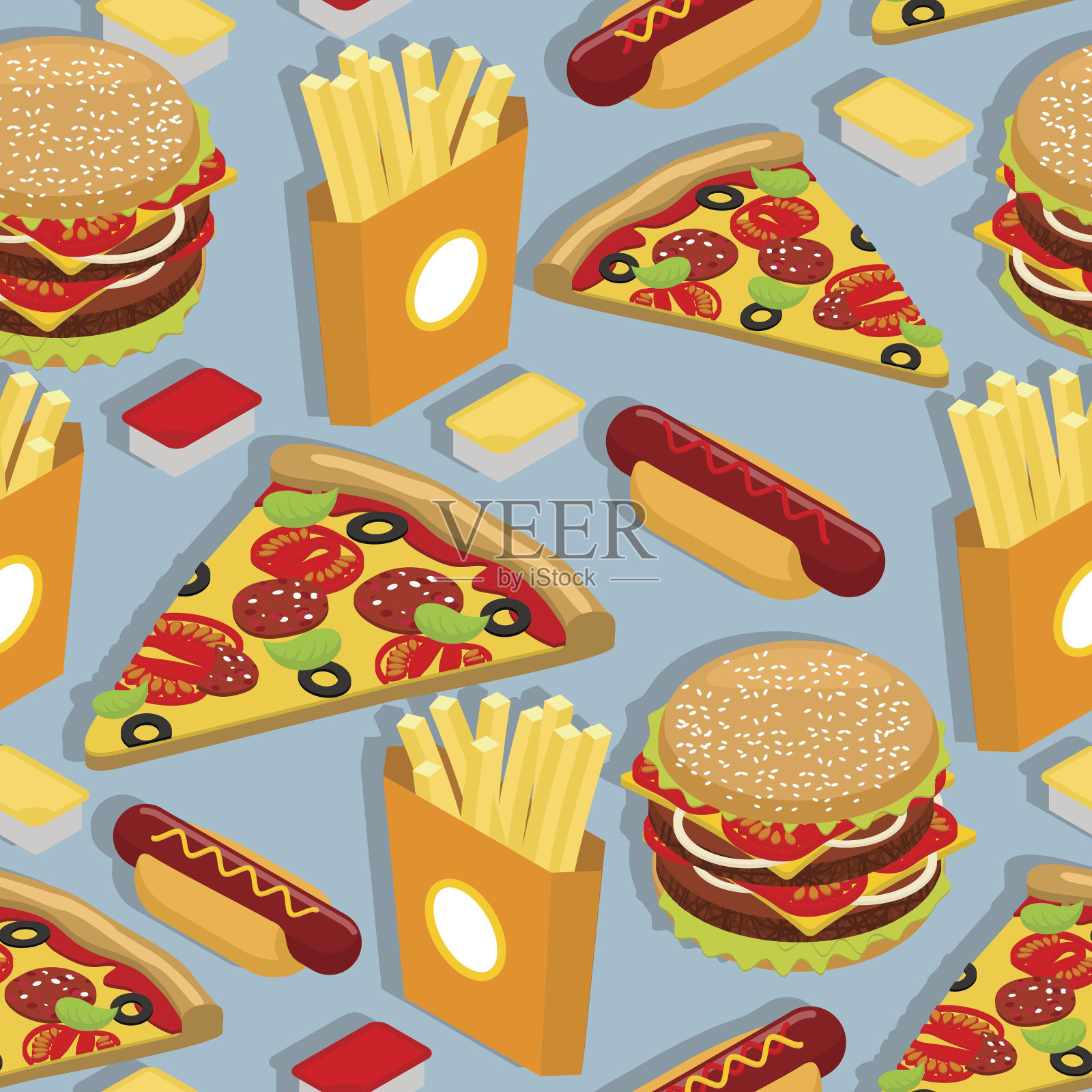 快餐无缝模式。热狗的背景。多汁的大hambur插画图片素材