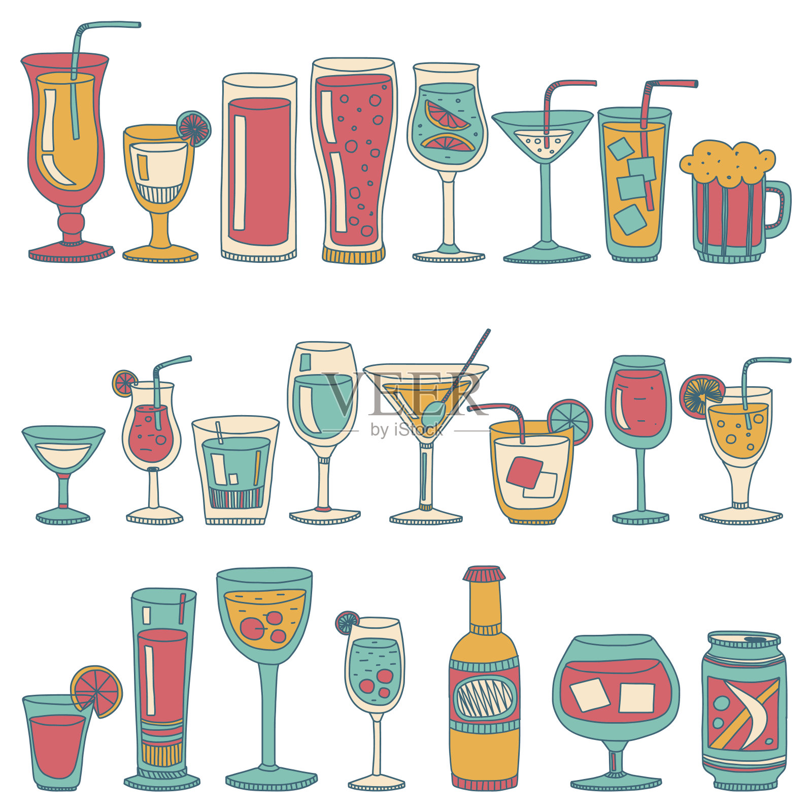 酒精饮料和鸡尾酒图标设置插画图片素材