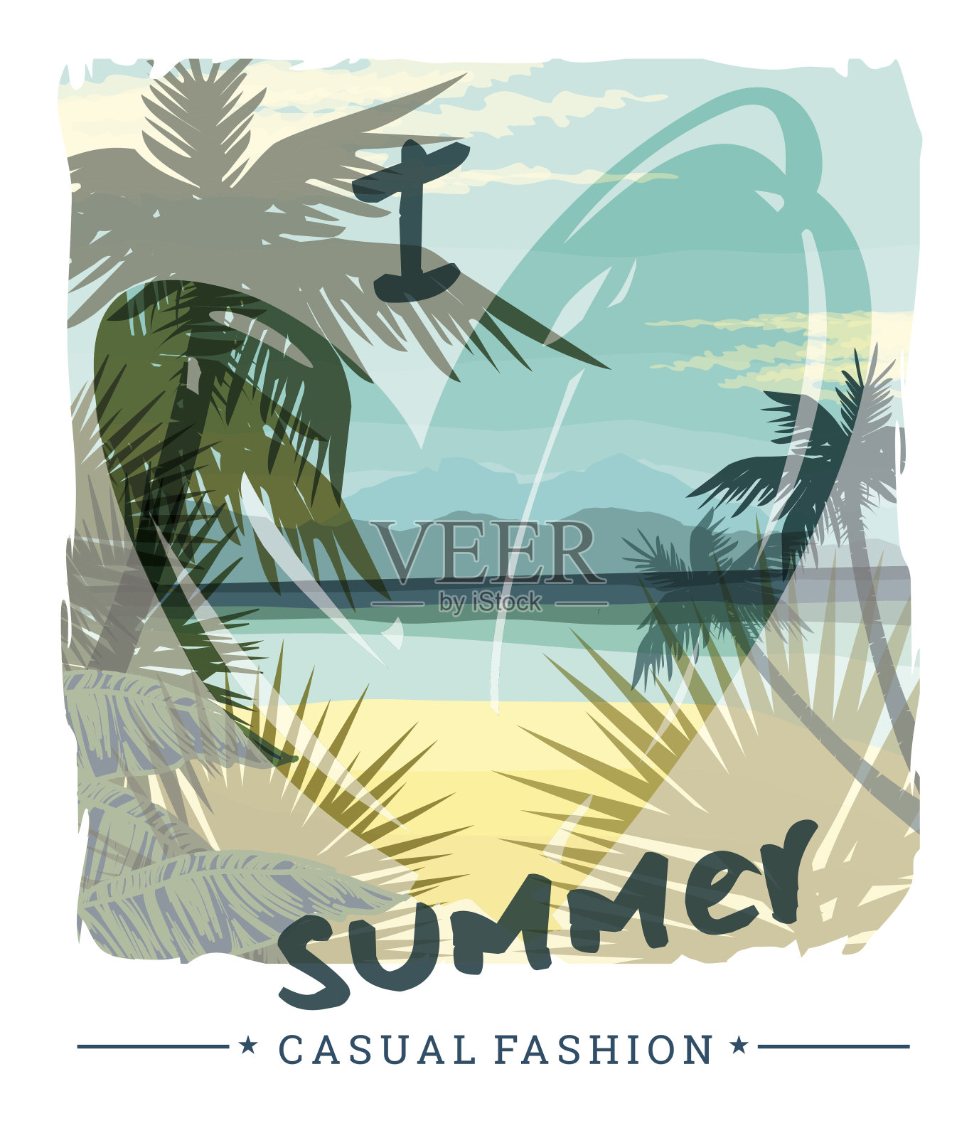 热带夏季印有标语的t恤图案等插画图片素材