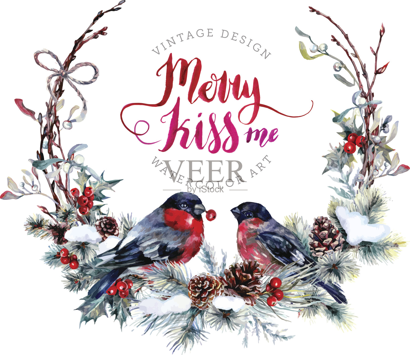 水彩画红腹灰雀圣诞花环。设计模板素材