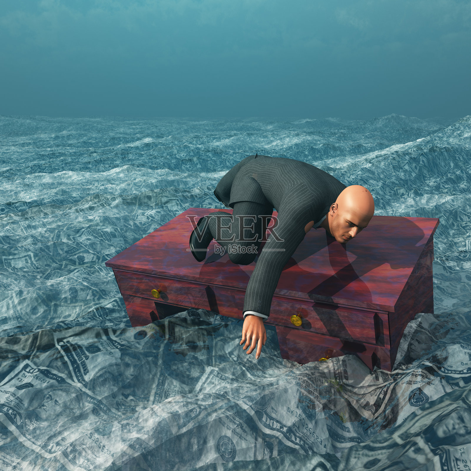 男子在货币海洋中漂浮插画图片素材