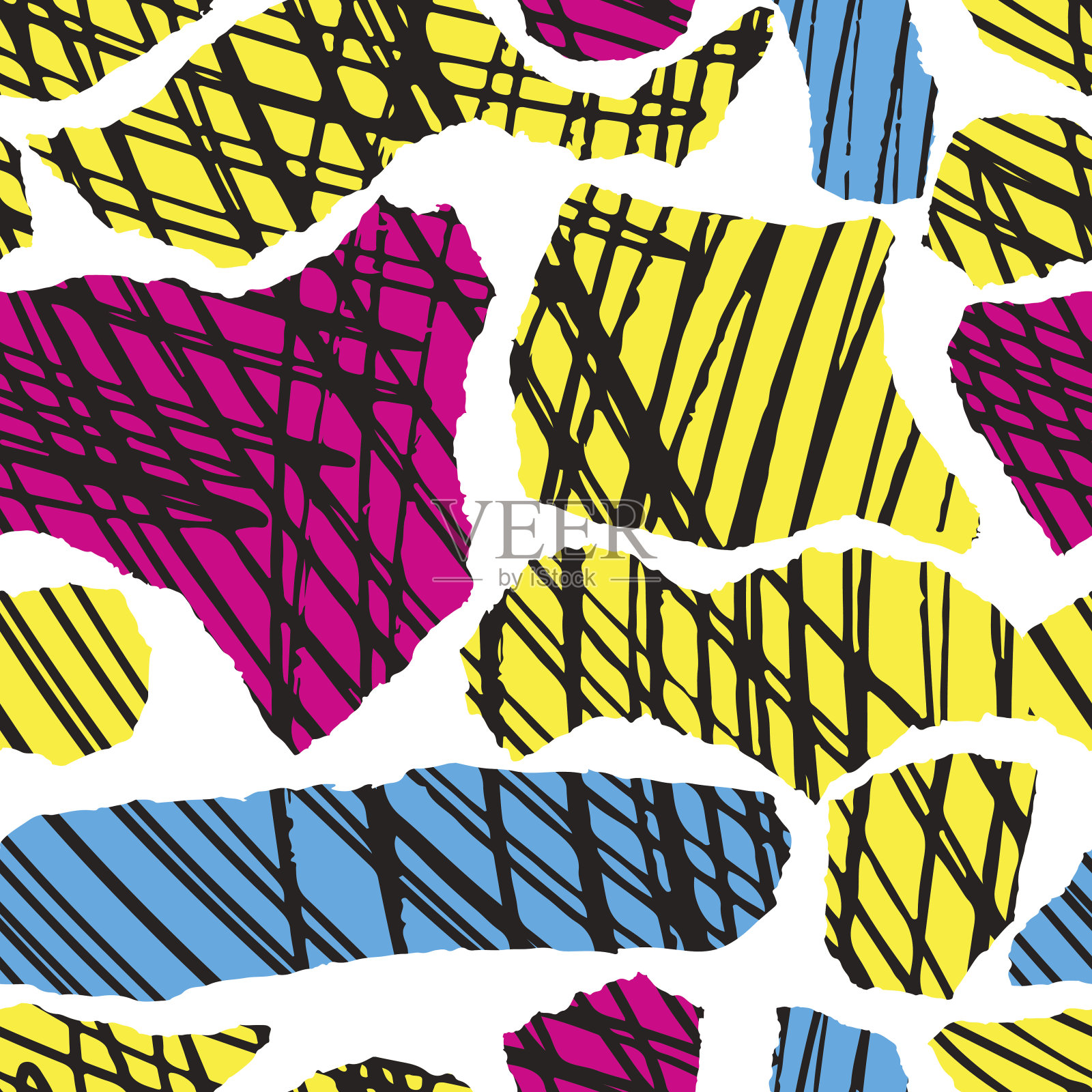 矢量彩色无缝模式与画笔斑点和笔触。粉红色,蓝色,黄色,黑色,白色背景。手绘的田庄纹理。墨水的几何元素。时尚现代风格。明亮。插画图片素材