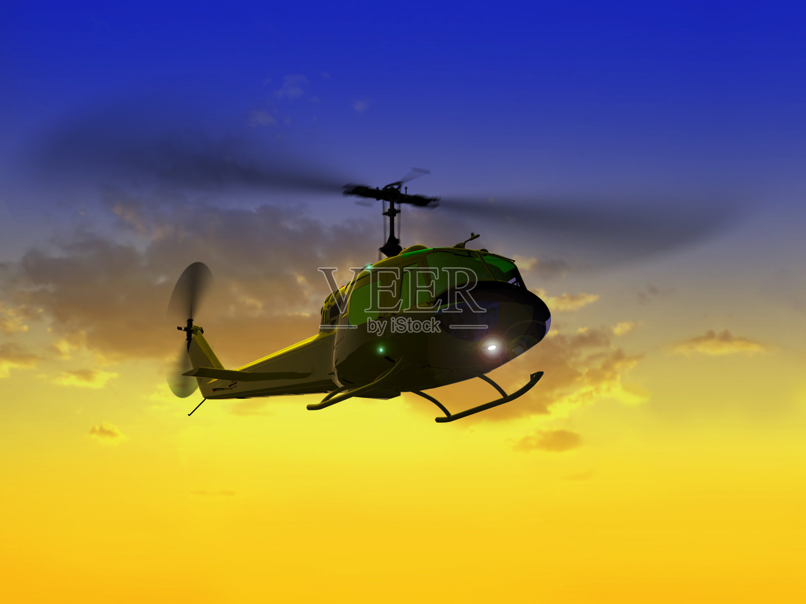 直升机UH-1在日落照片摄影图片