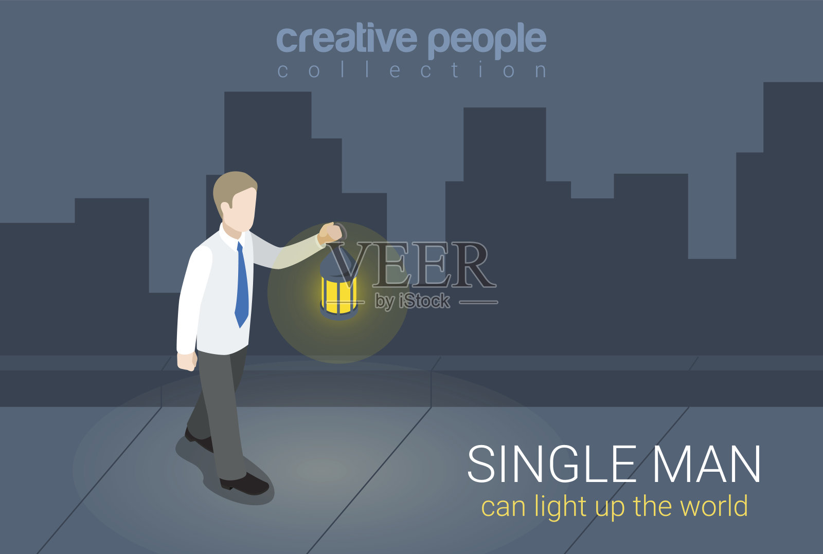 平面三维等距式单人可以点亮世界概念网信息图矢量插图。商人在黑暗的街道上提着灯笼。有创造力的人集合。插画图片素材