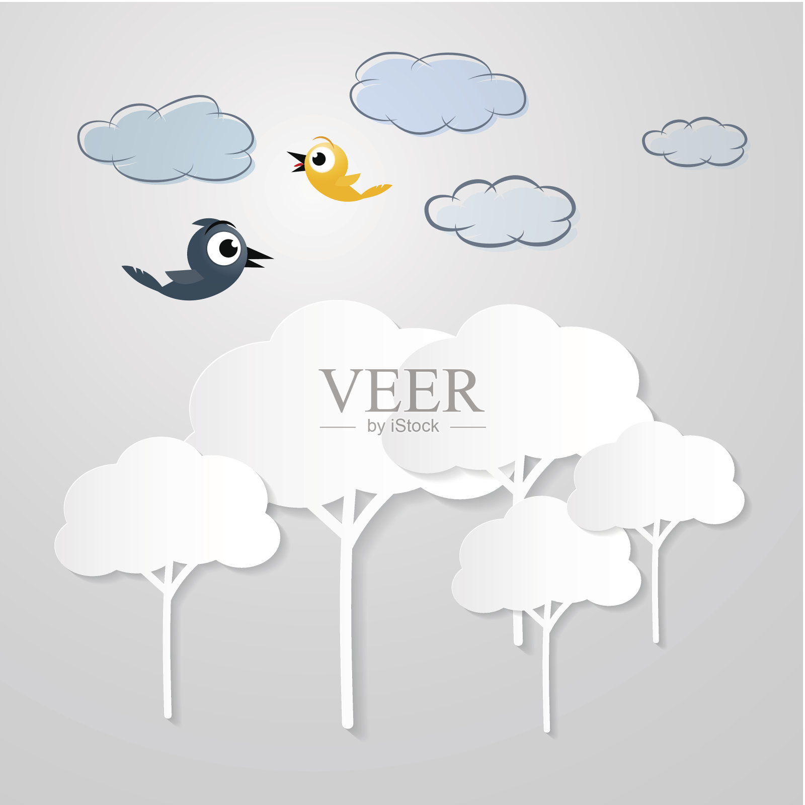 鸟和树的纸抽象插图插画图片素材