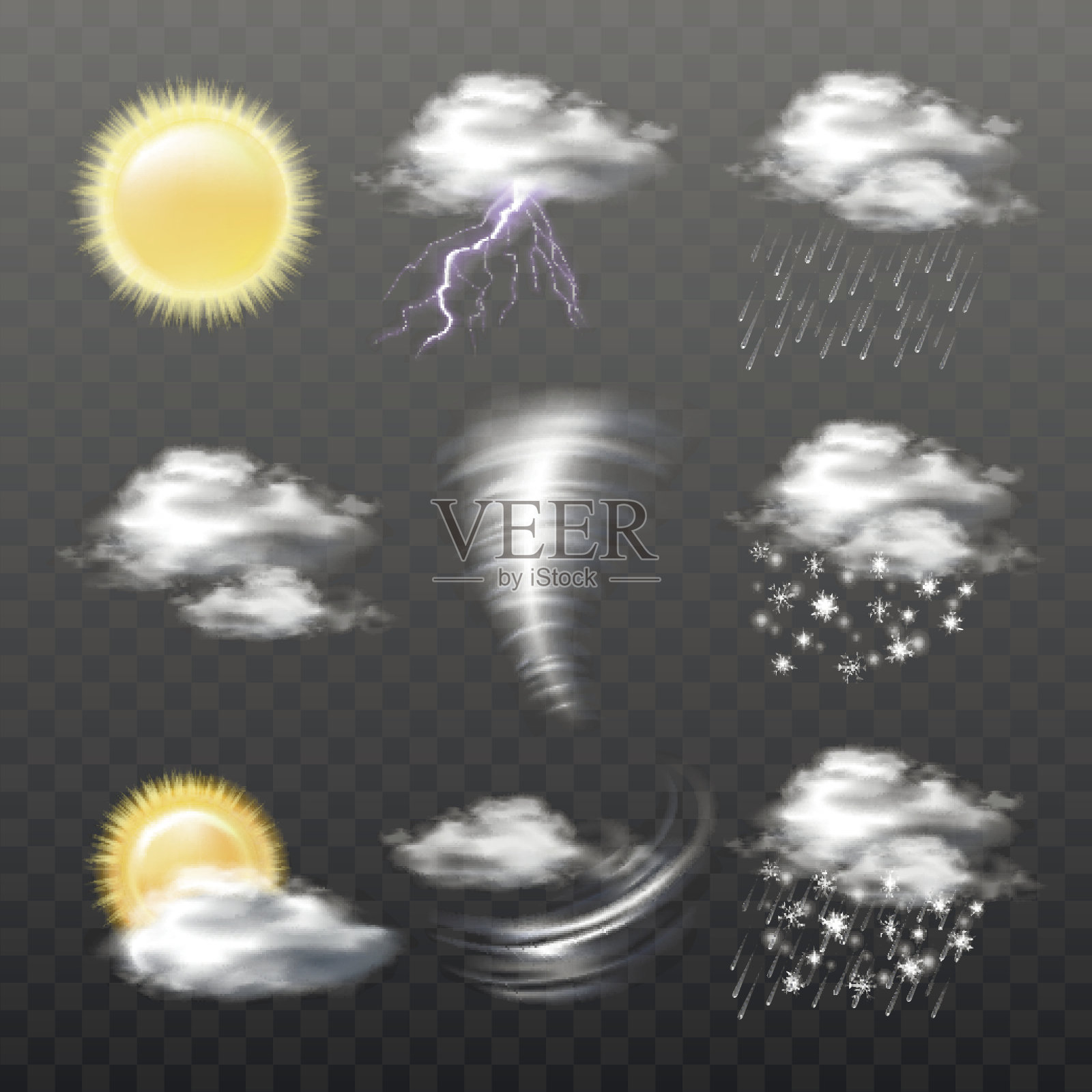 一组矢量现实天气图标孤立在透明的背景设计元素图片