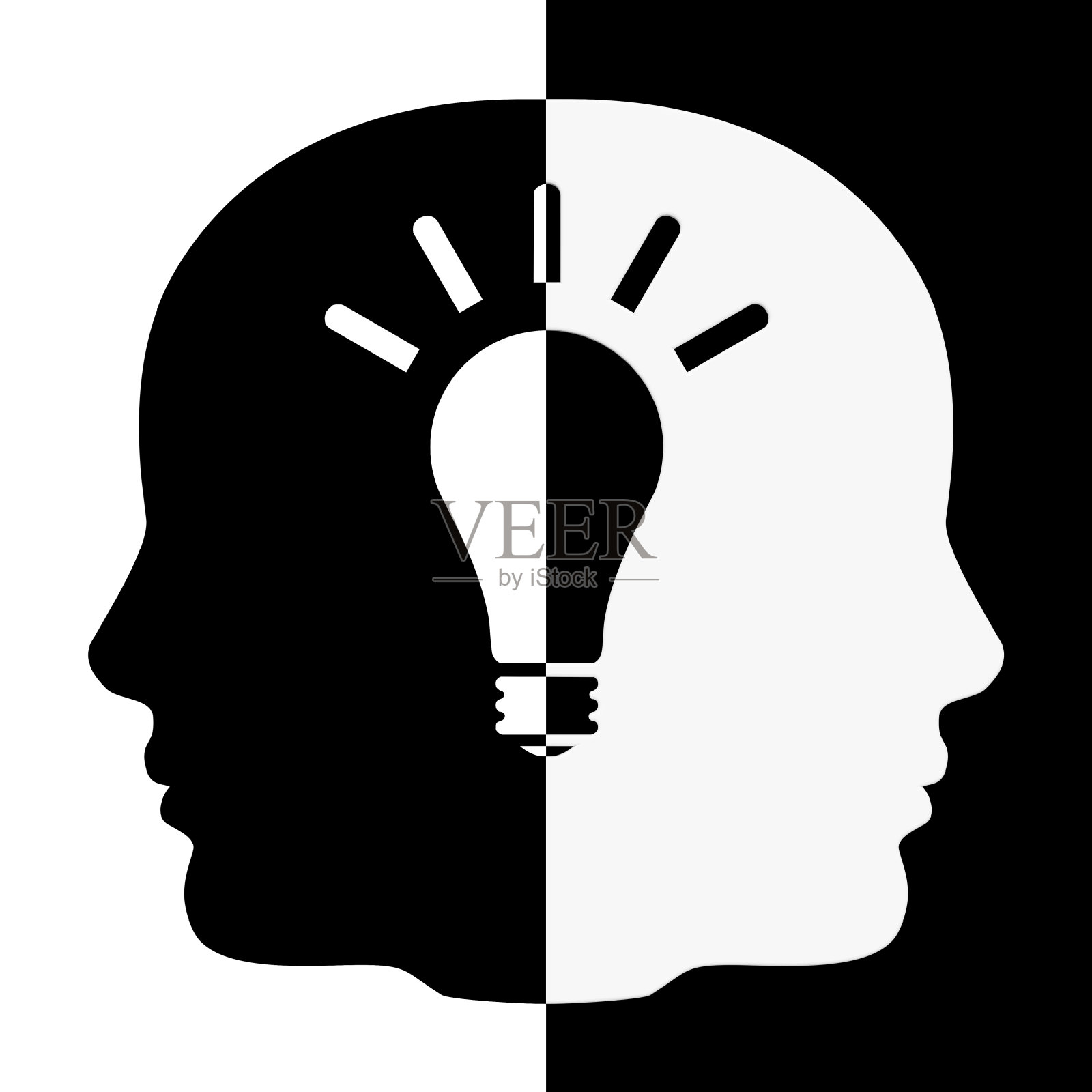 黑色和白色的人的头形状与想法灯泡。3d渲染照片摄影图片