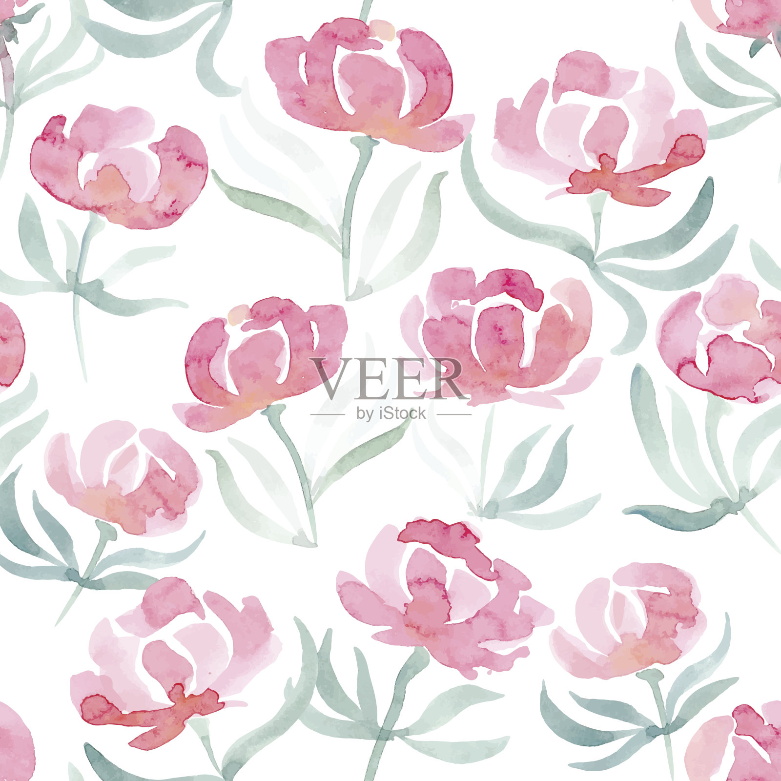 手绘水彩牡丹无缝矢量图案插画图片素材