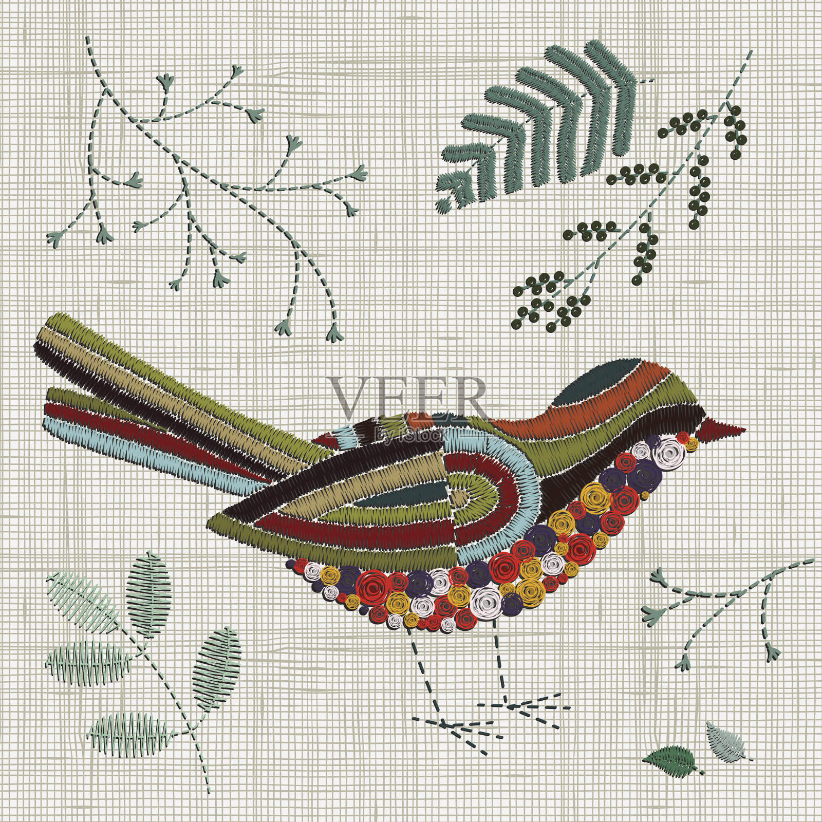 刺绣的鸟。矢量刺绣家居装饰,装饰纺织品,时尚,织物图案。麻布纹理。插画图片素材