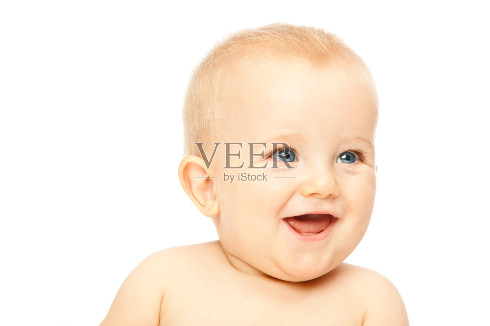 美丽的金发碧眼婴儿的微笑孤立在白色照片摄影图片