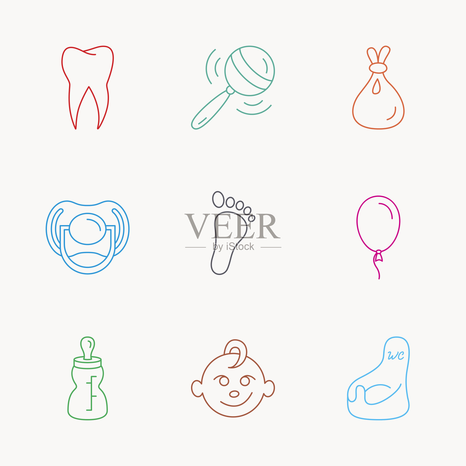 奶嘴,男婴和奶瓶图标。牙齿的迹象。图标素材