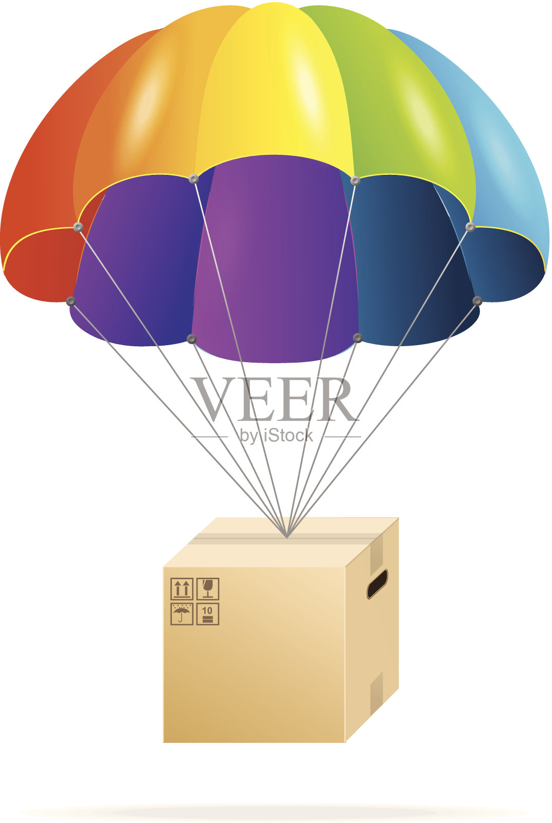 彩虹降落伞与纸盒上的白色插画图片素材