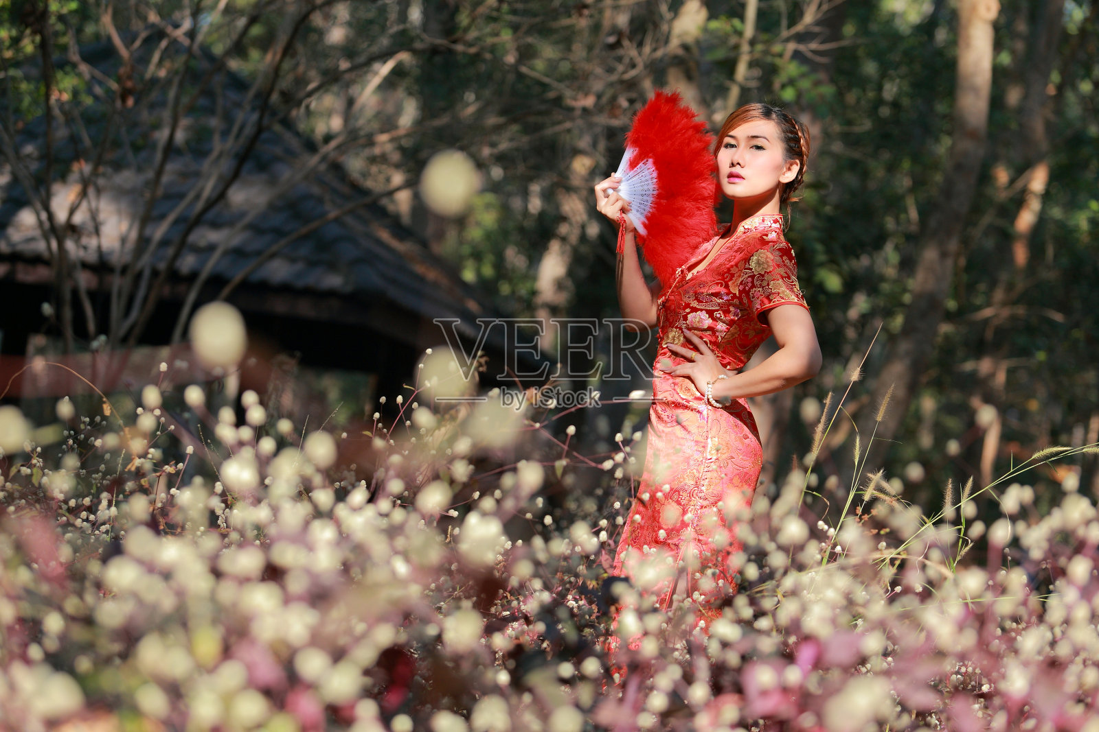 穿着中国传统服饰的亚洲女孩照片摄影图片