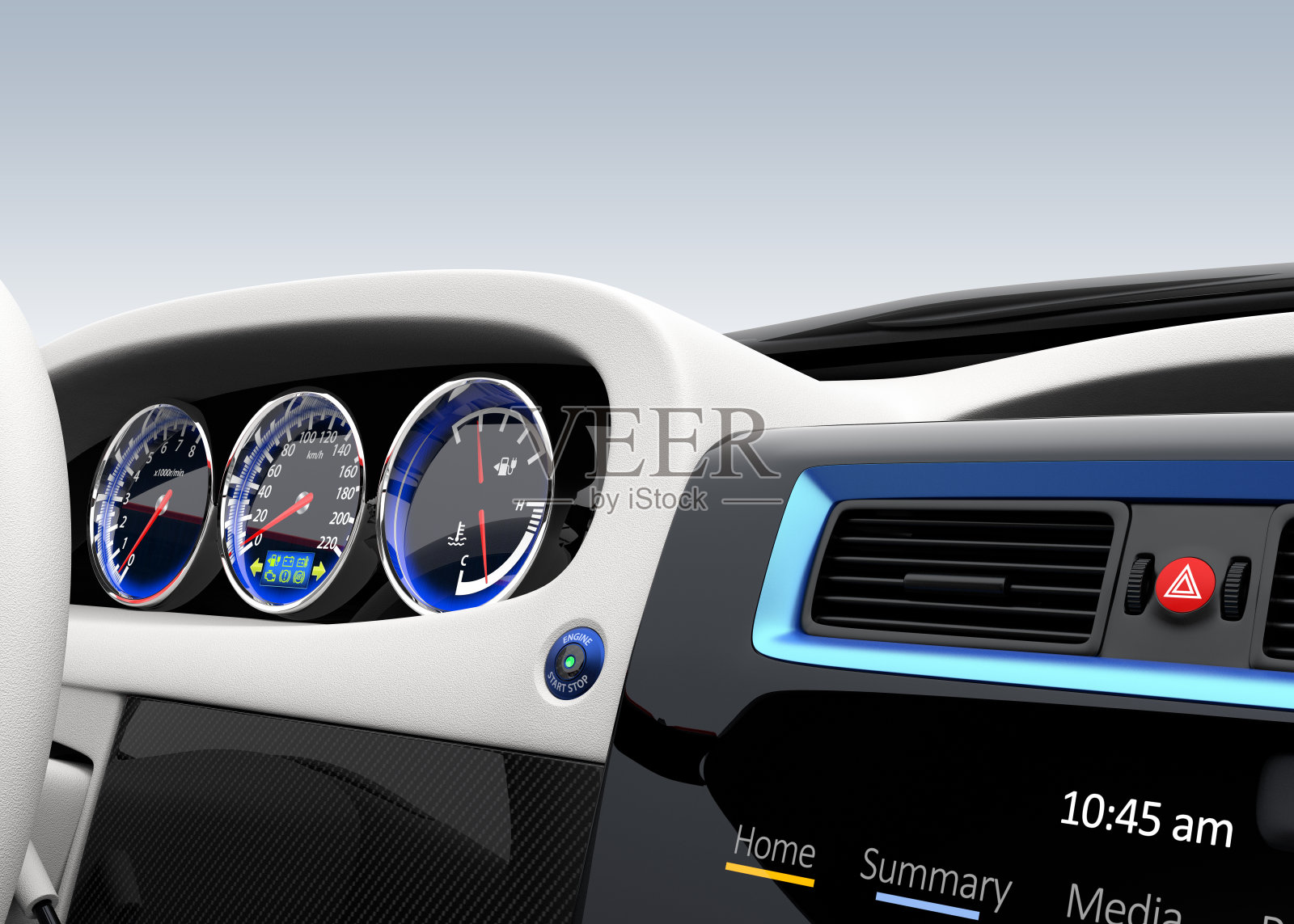 未来的电动汽车仪表盘和内饰设计。照片摄影图片