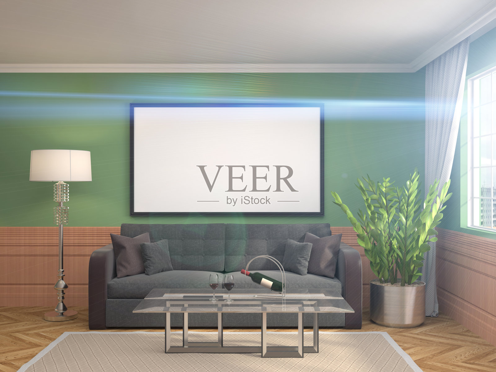 模拟海报框架在室内背景。三维演示照片摄影图片