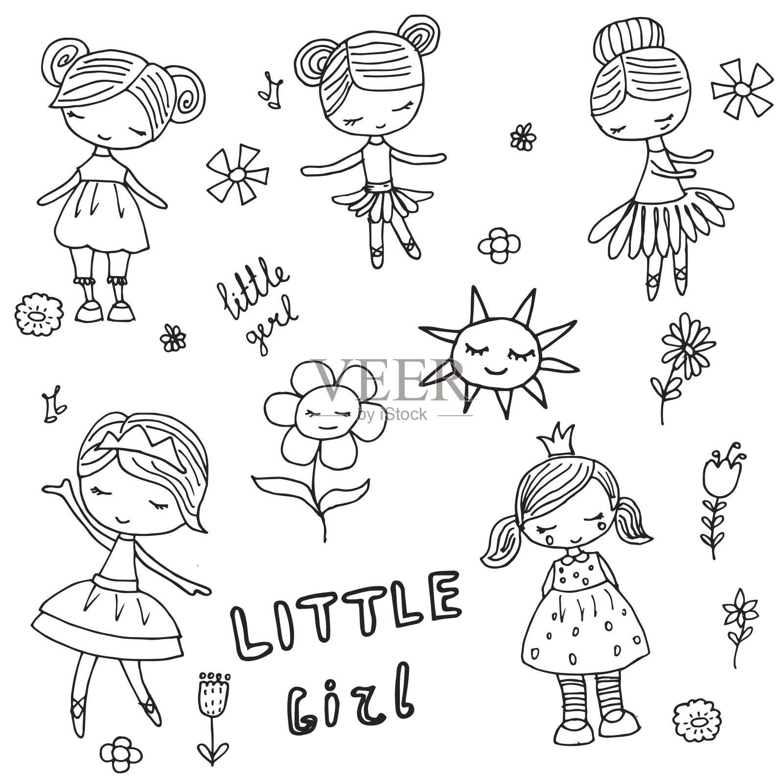 手绘美丽可爱的女孩在白色的背景设计元素图片