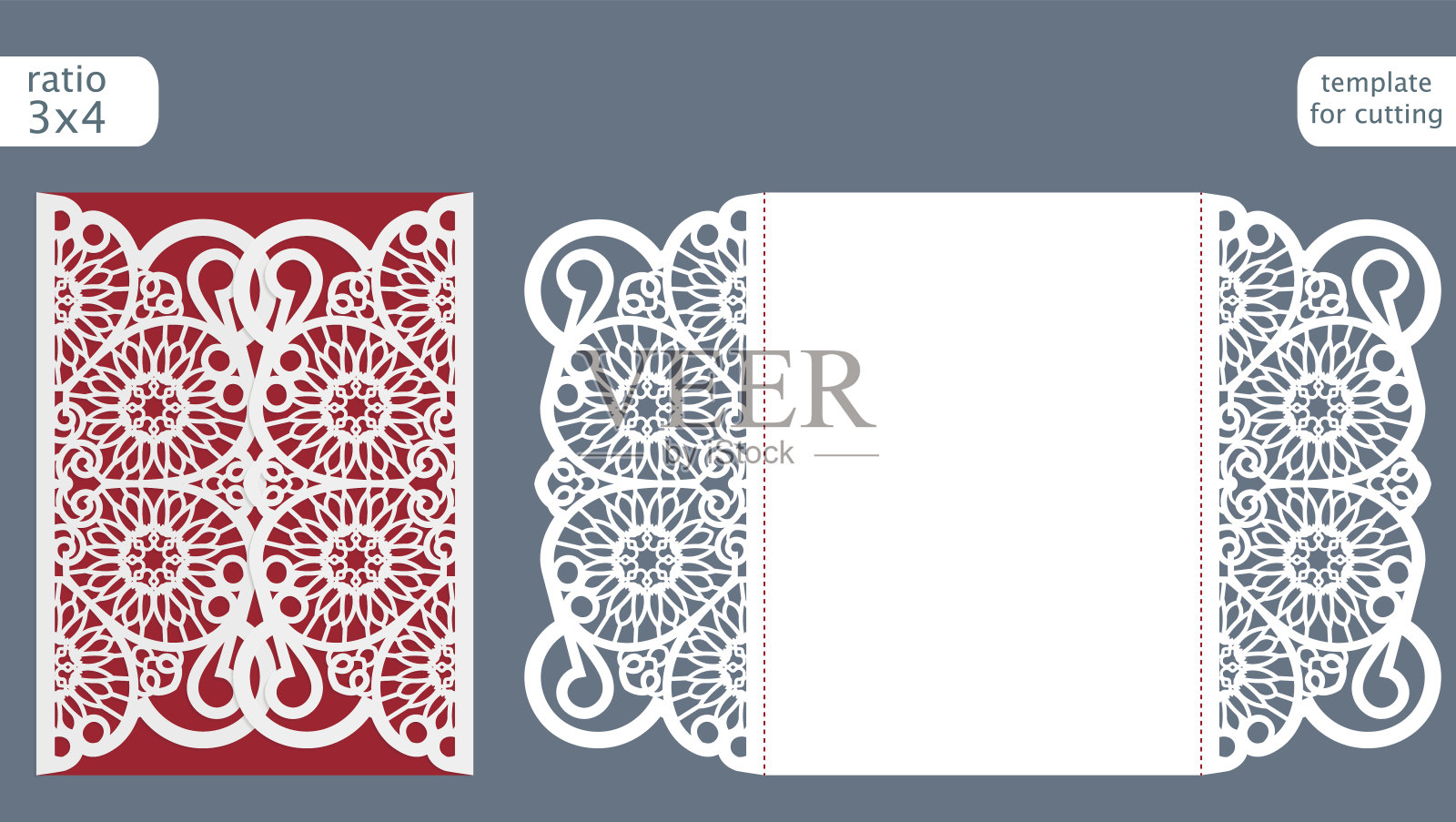 激光切割婚礼请帖模板矢量。模切具有抽象图案的纸卡。裁切纸栅折叠卡可用于激光切割或模切模板。插画图片素材
