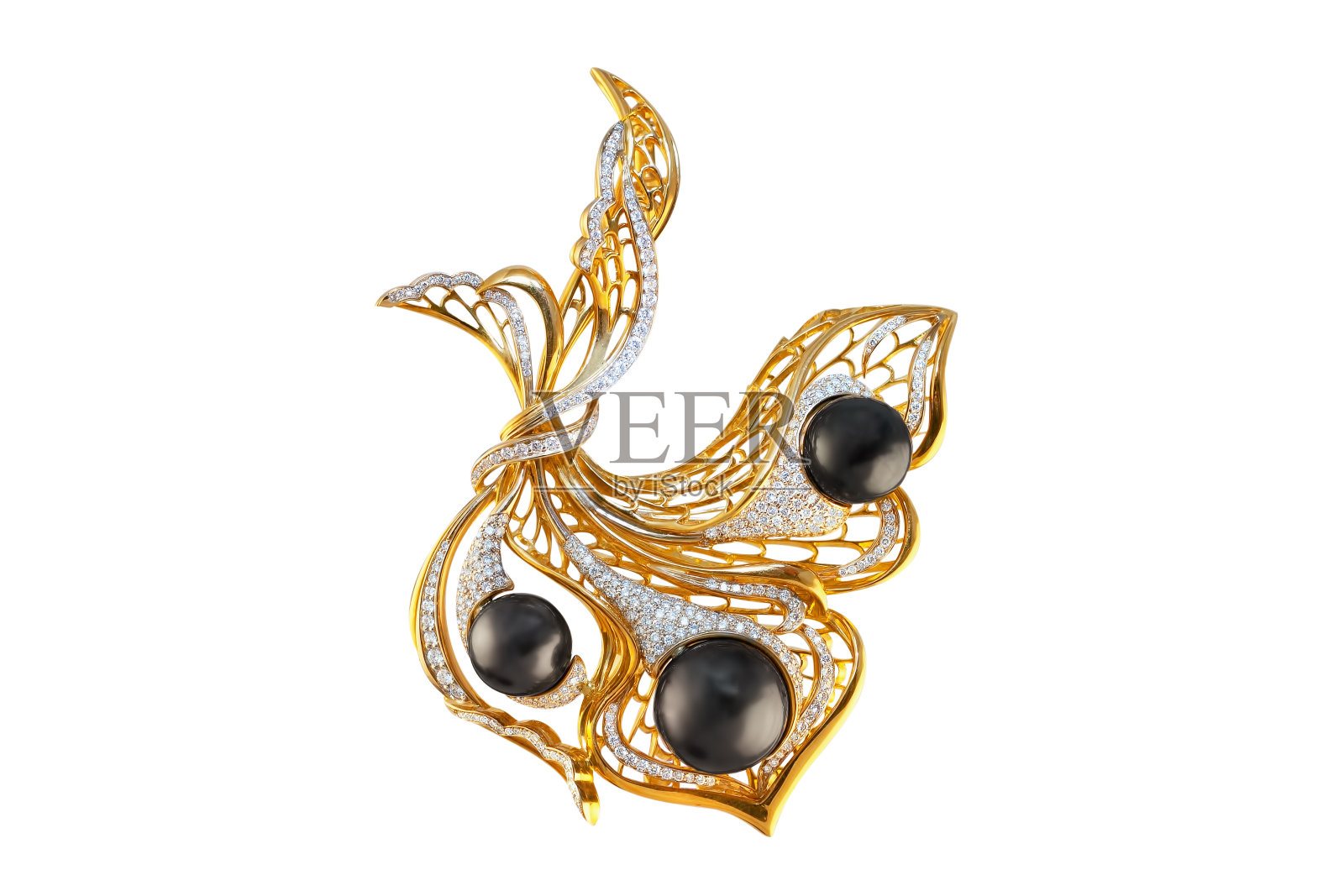 镶着珍珠和钻石的金色胸针照片摄影图片