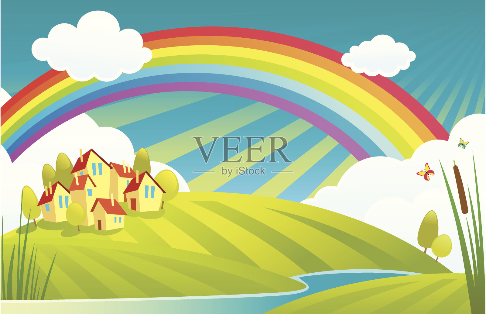 夏季河流景观插画图片素材