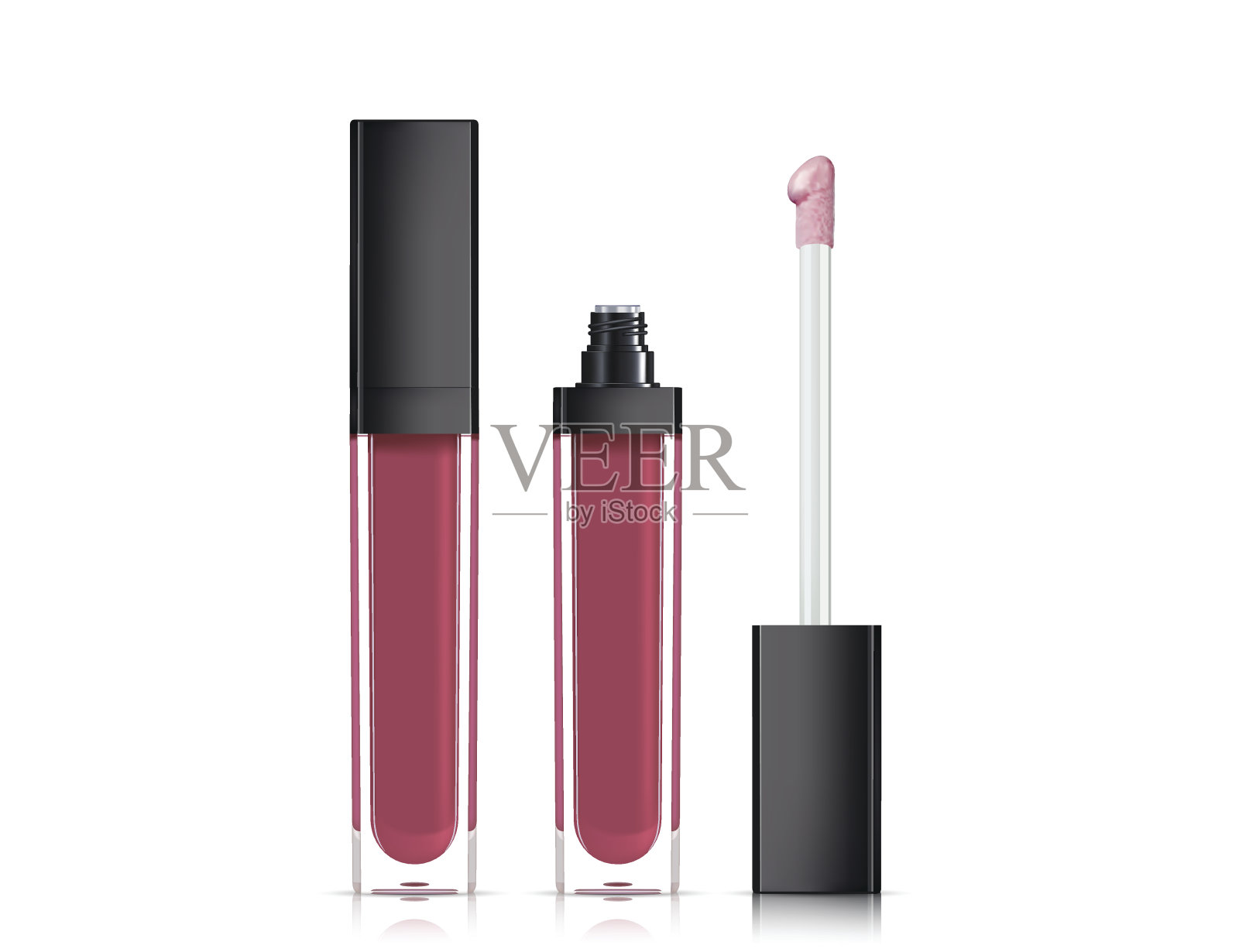 唇彩在优雅的玻璃瓶黑色盖,封闭和开放的容器刷,隔离在白色背景。液体唇膏。插画图片素材