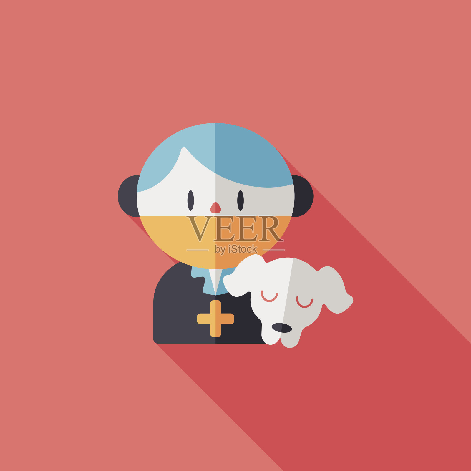 宠物兽医和狗平面图标与长影子,eps10插画图片素材