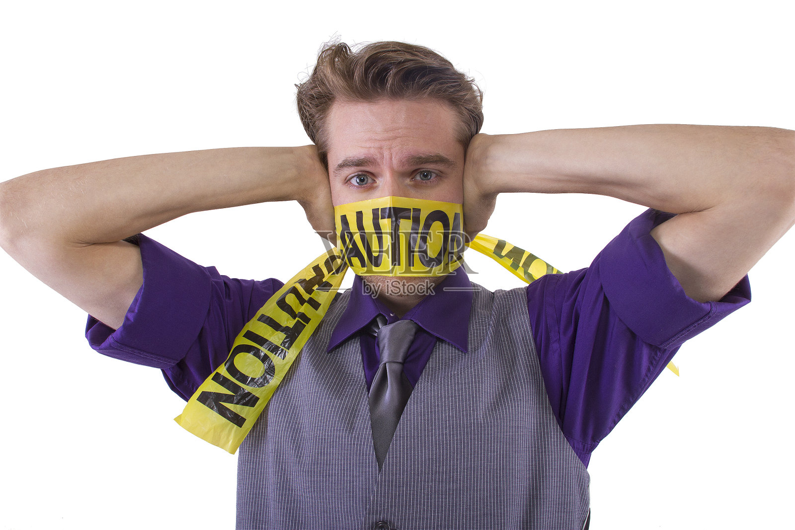 一个白人,带着被审查警告的沉默磁带照片摄影图片