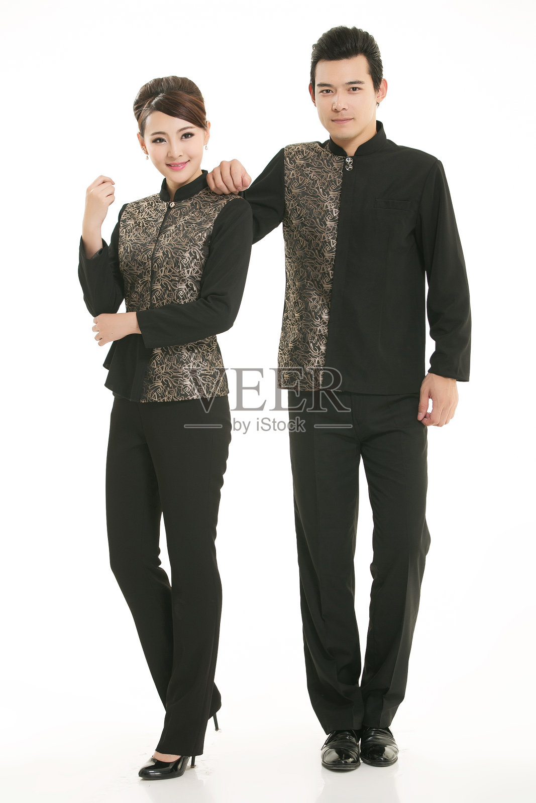 穿着服装职业中国服务员在白色的背景照片摄影图片