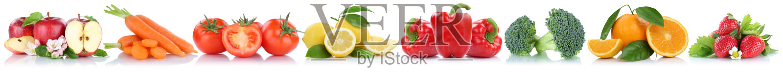 水果和蔬菜收集孤立在一排苹果桔子照片摄影图片