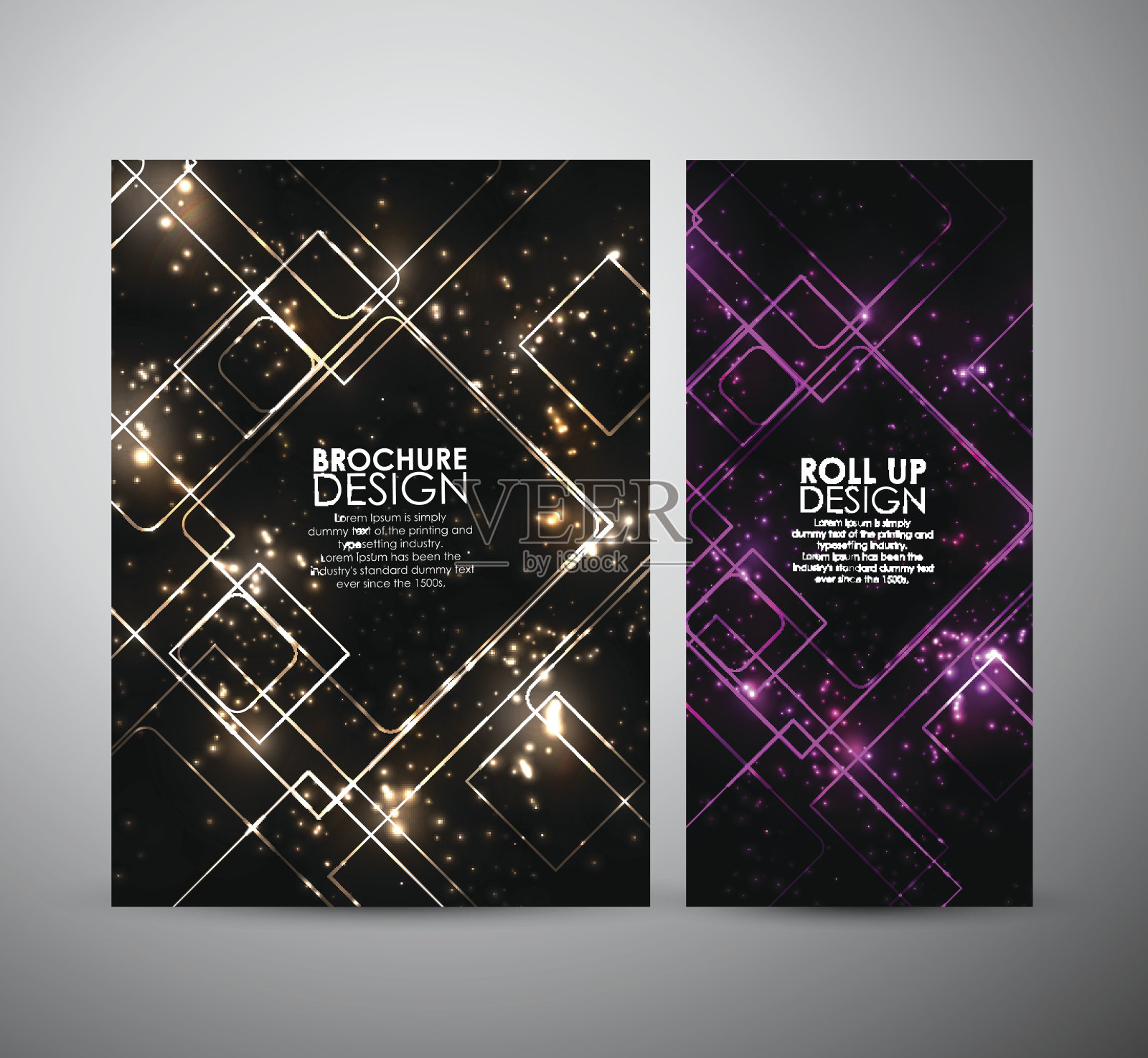 抽象的紫色方块闪着光。宣传册或业务模板卷起来。设计模板素材