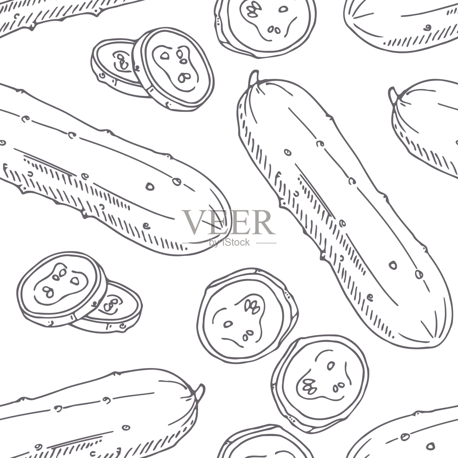 用黄瓜手绘无缝图案。单色背景素描风格插画图片素材