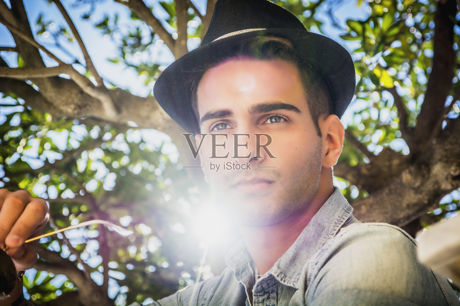 英俊的年轻人,身后是橄榄树的树枝照片摄影图片