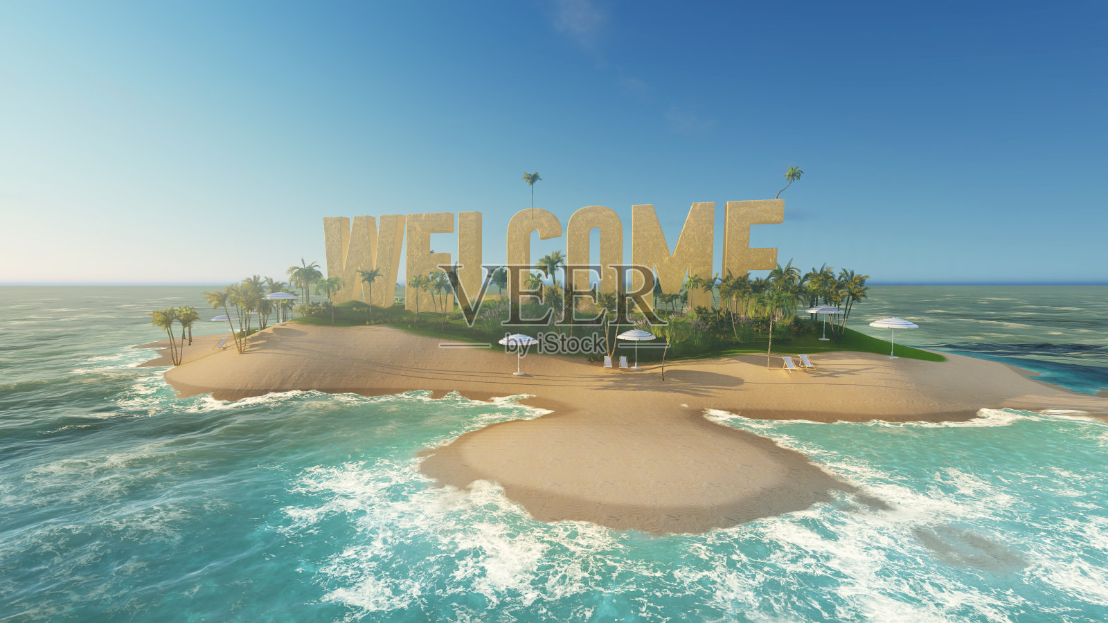 在热带天堂岛上用沙子做欢迎词照片摄影图片