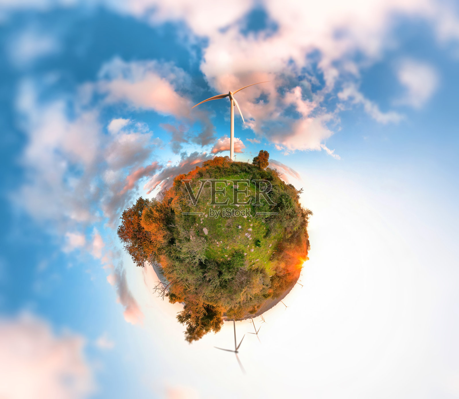 带风力涡轮机的小星球照片摄影图片