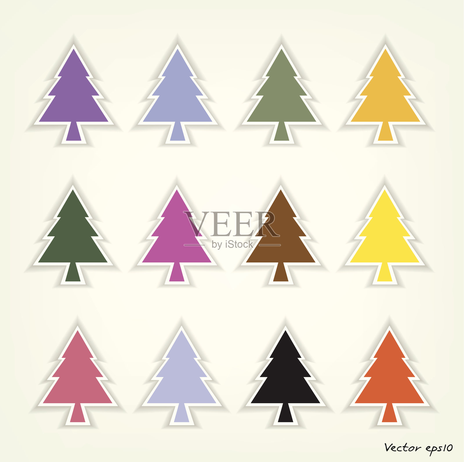 一组五颜六色的松树标志,节日快乐。插画图片素材