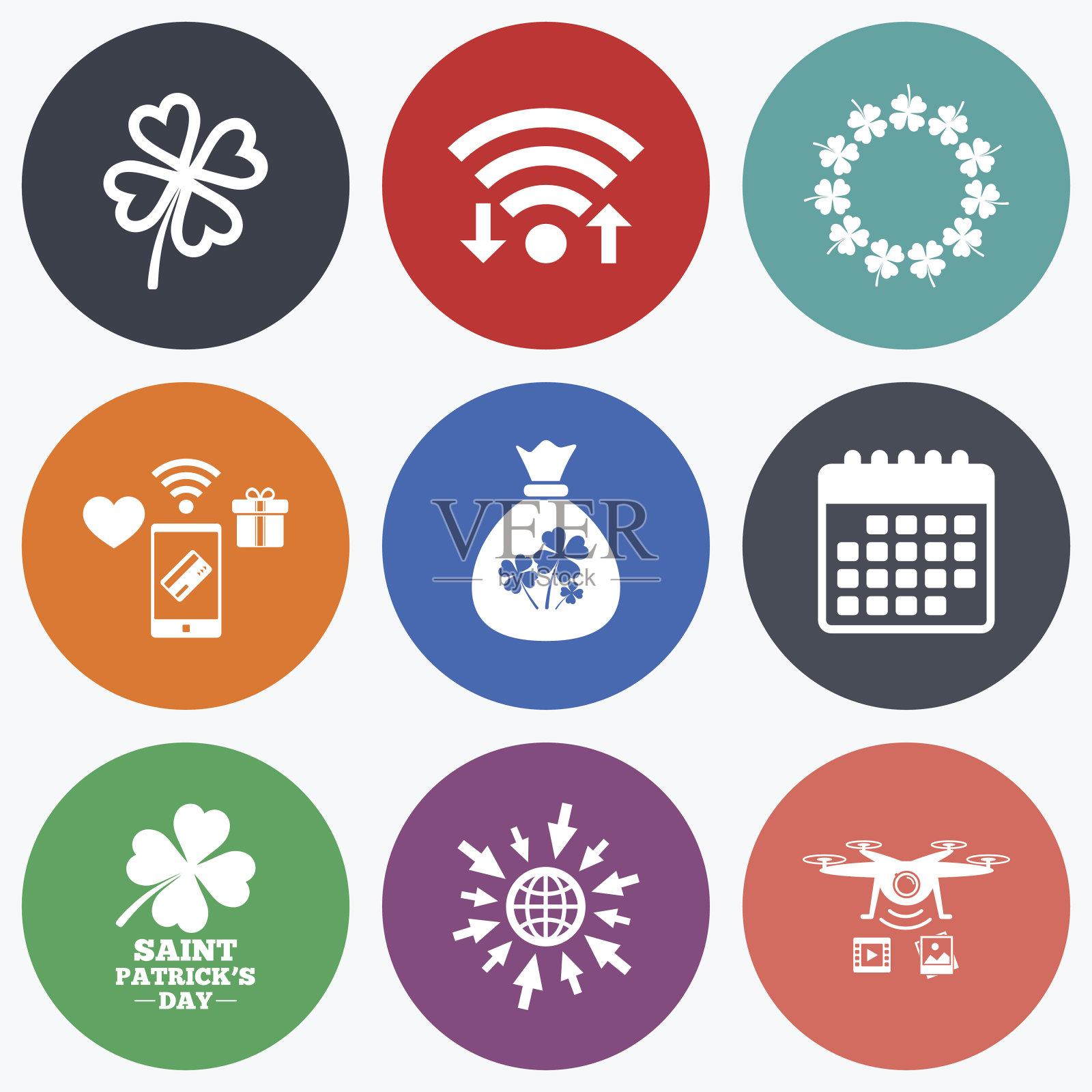 圣帕特里克节图标。装有三叶草的钱袋。图标素材