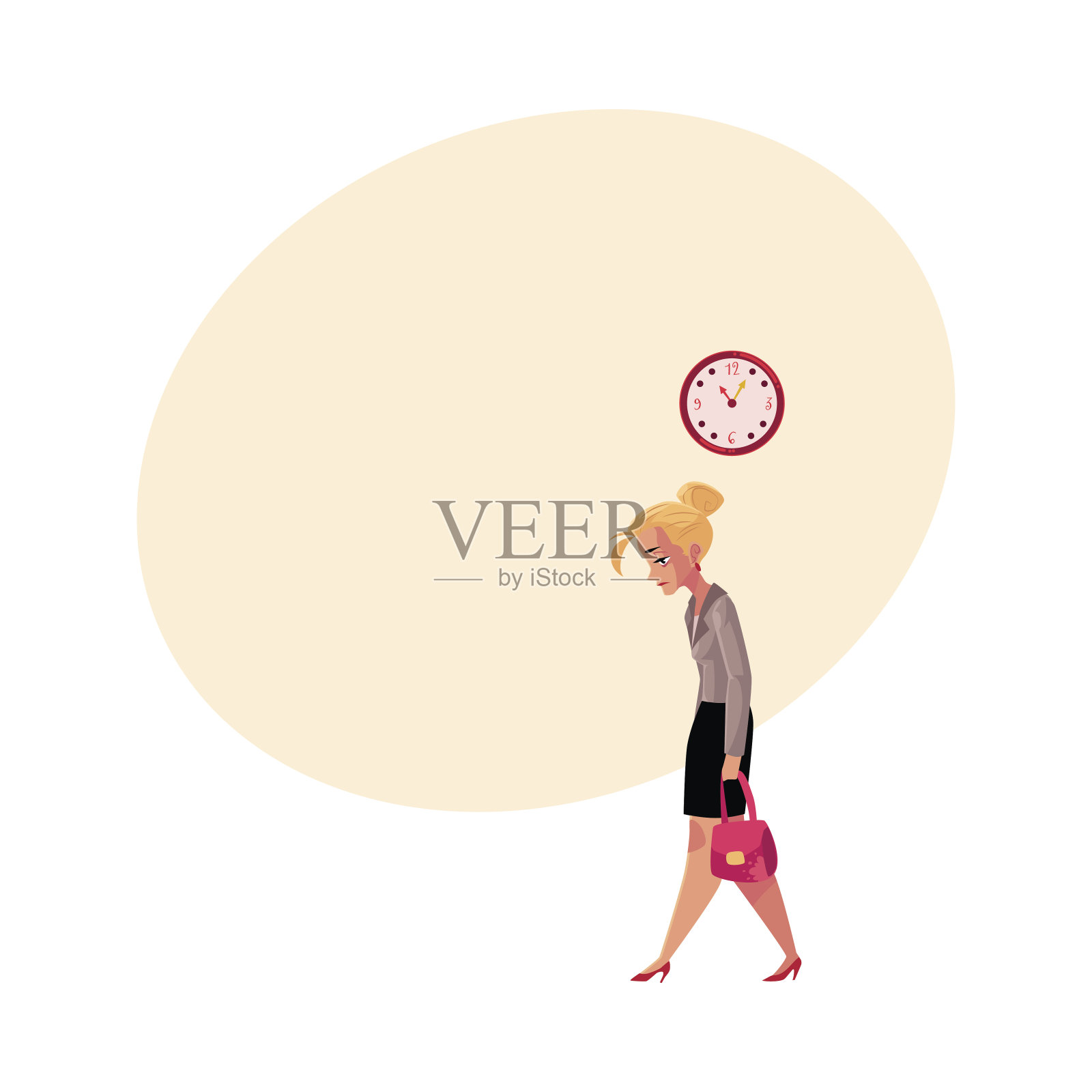 年轻疲惫的女商人,下班回家,时钟显示时间插画图片素材