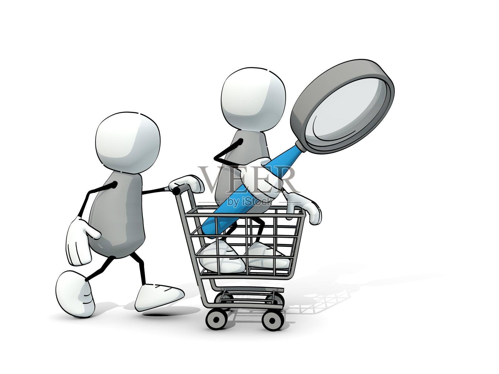 带着购物车和放大镜的小不点儿照片摄影图片