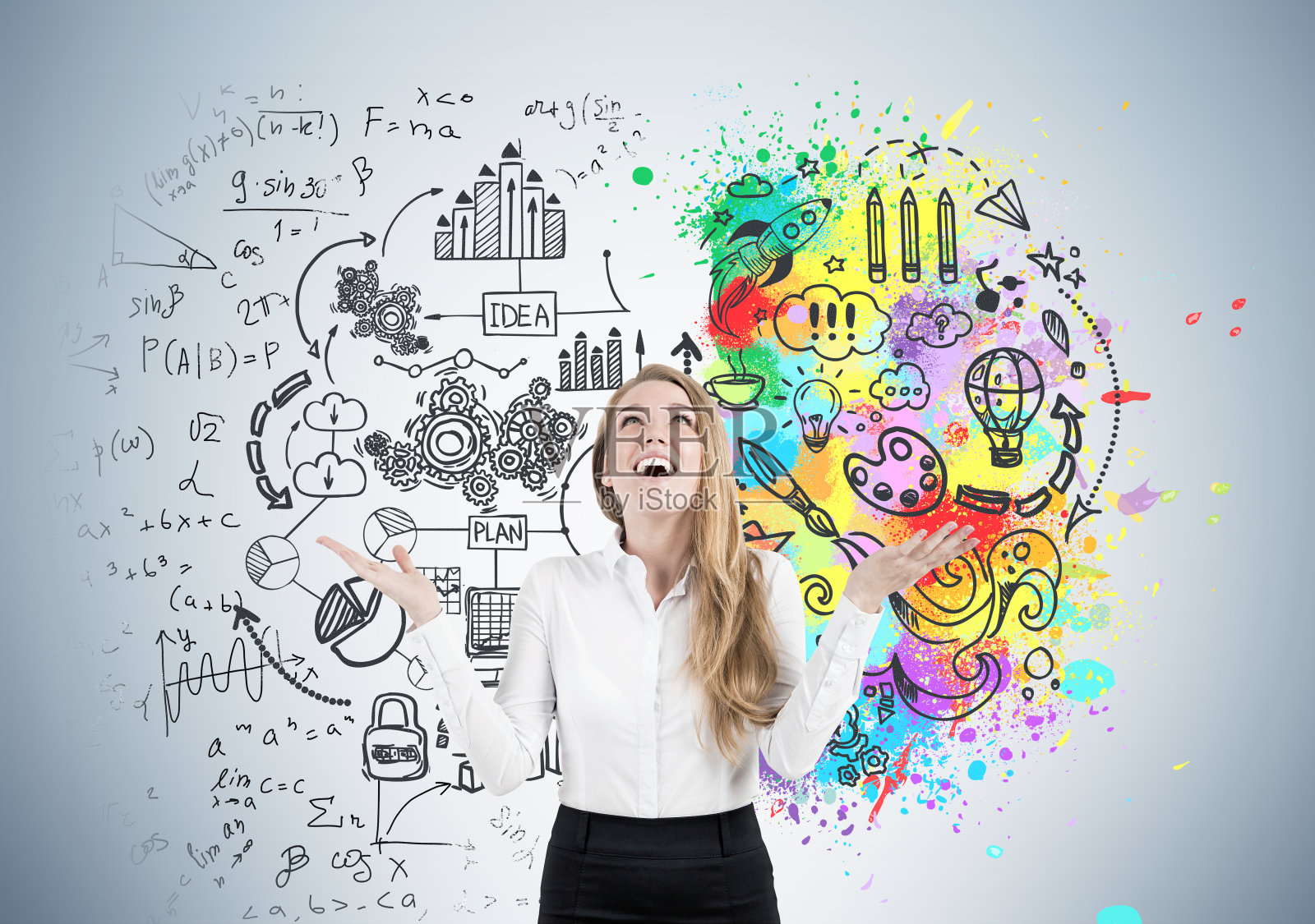 兴奋的金发女人和一个创意照片摄影图片