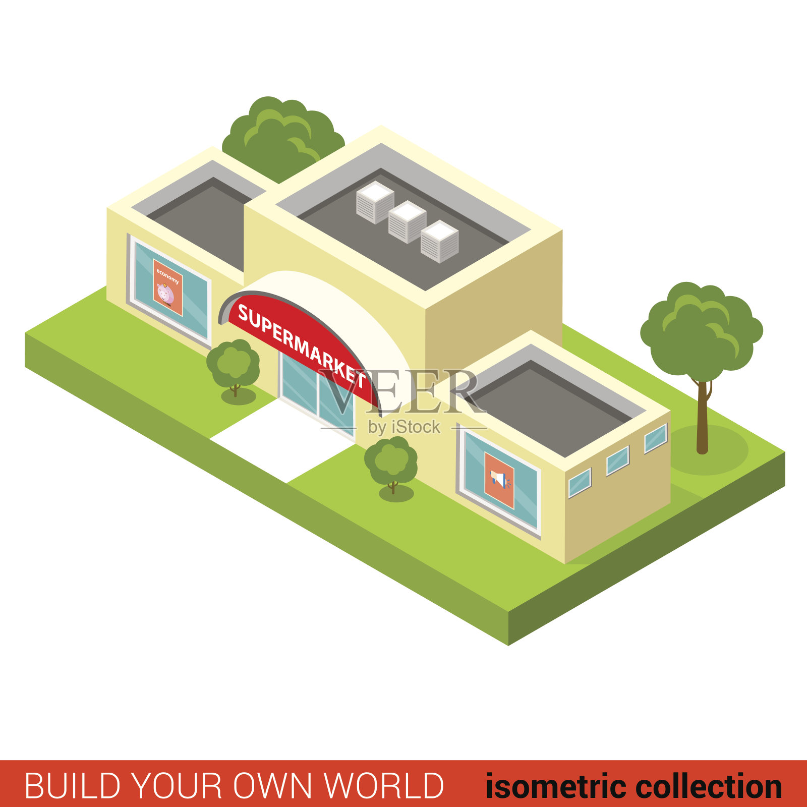 平面三维等距城市超市积木信息图形概念。建立您自己的信息图表世界收藏。插画图片素材