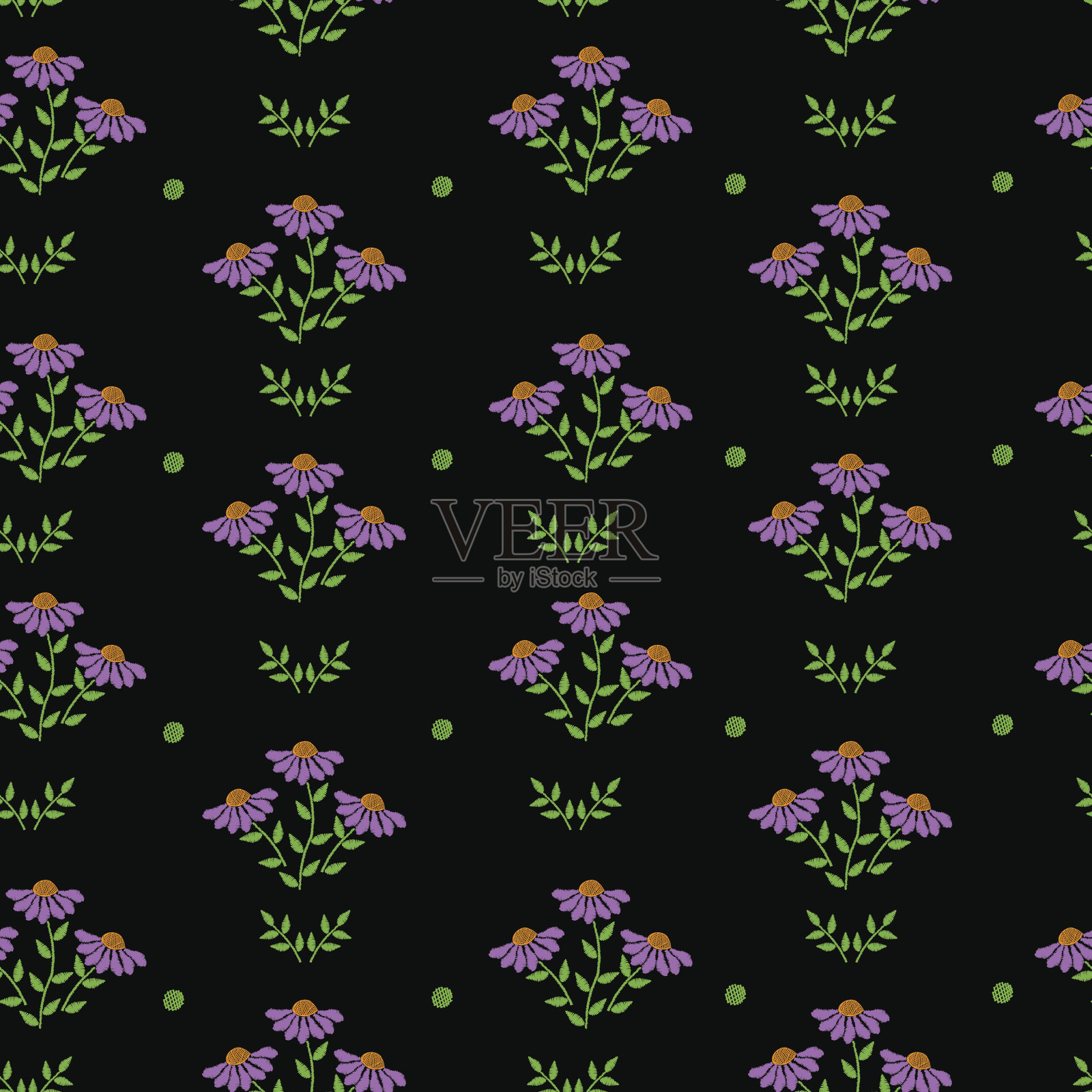 无缝图案与刺绣针仿制花和绿叶插画图片素材