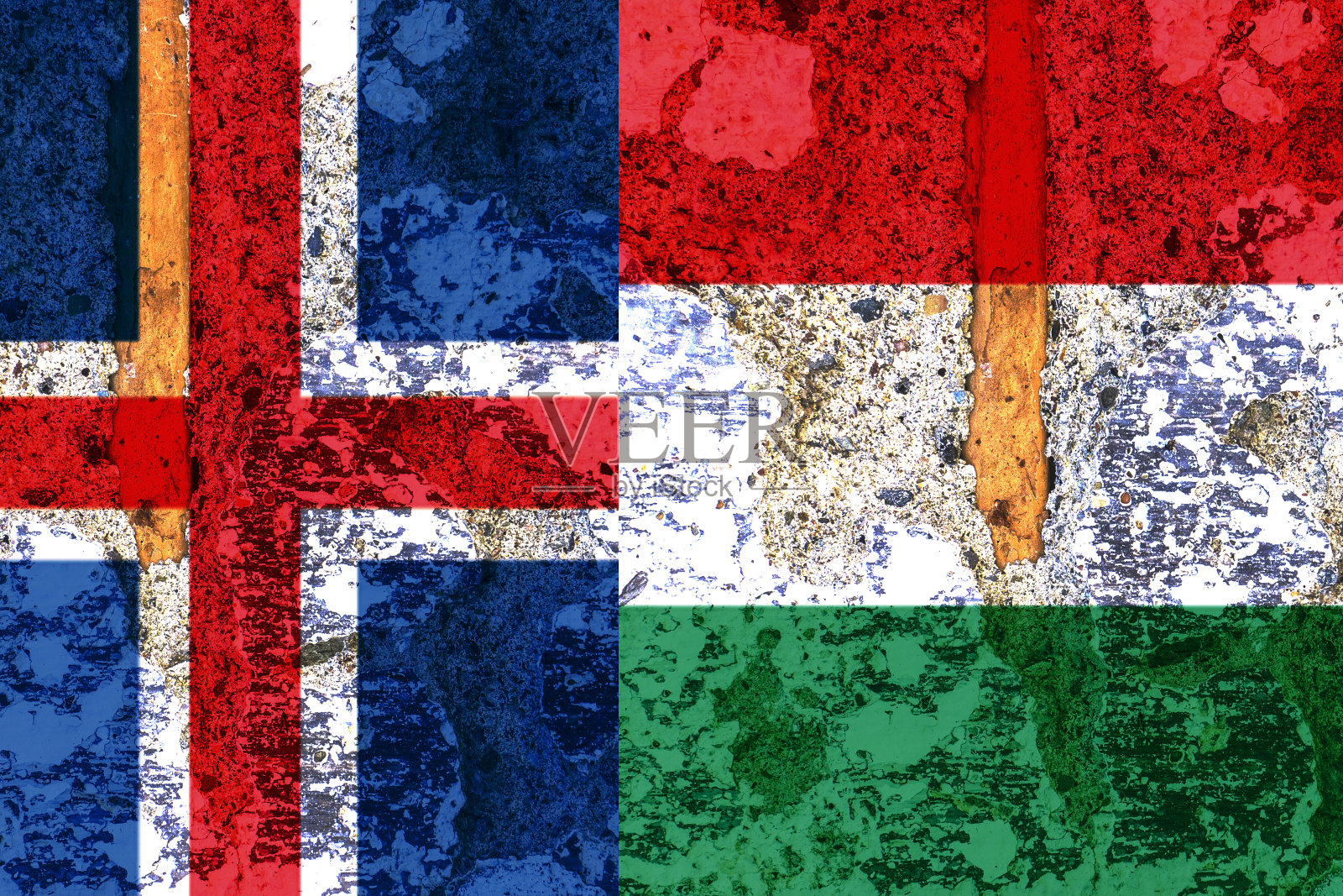 冰岛和匈牙利国旗与旧墙纹理照片摄影图片