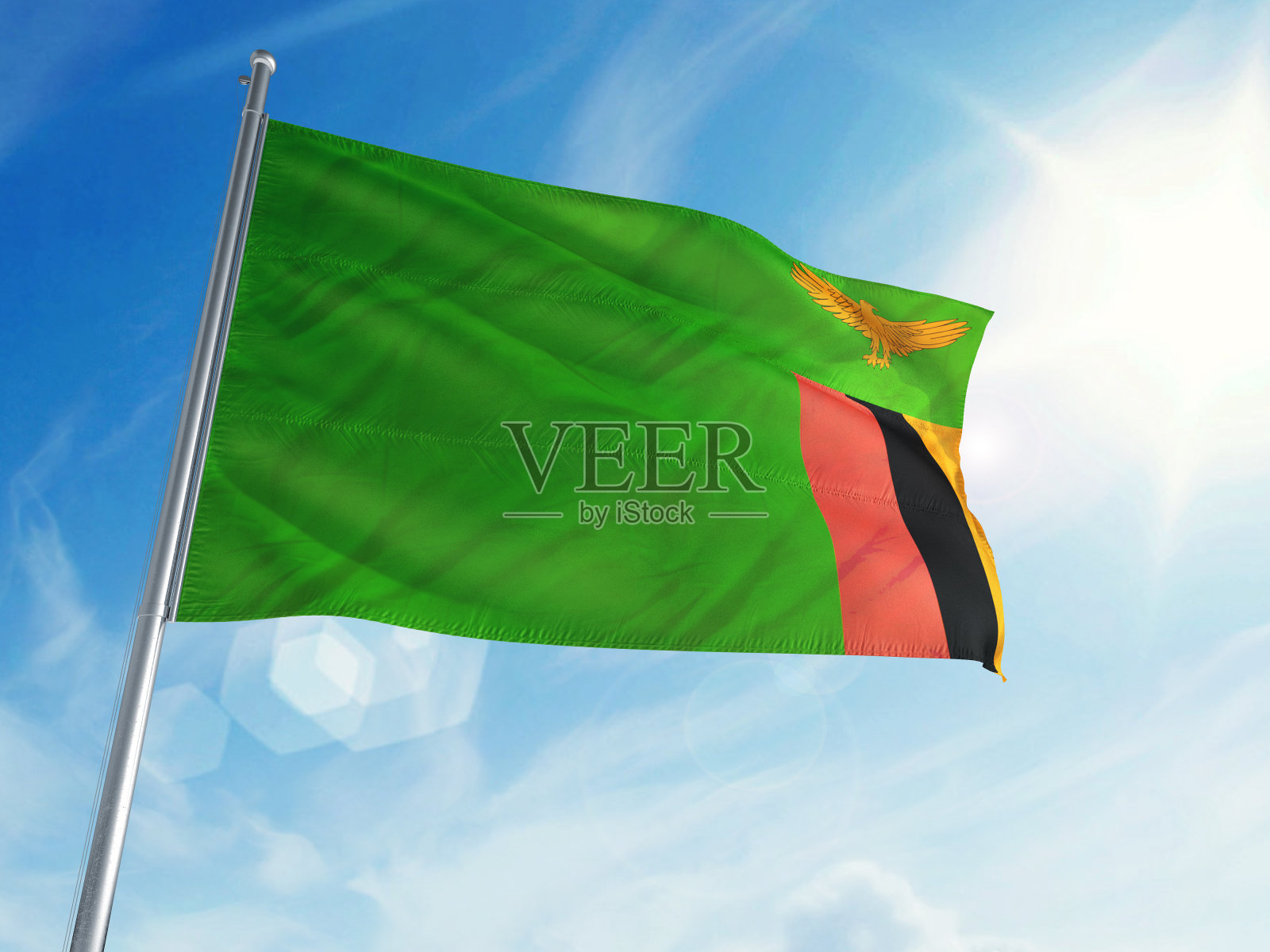 云彩背景上的赞比亚国旗照片摄影图片