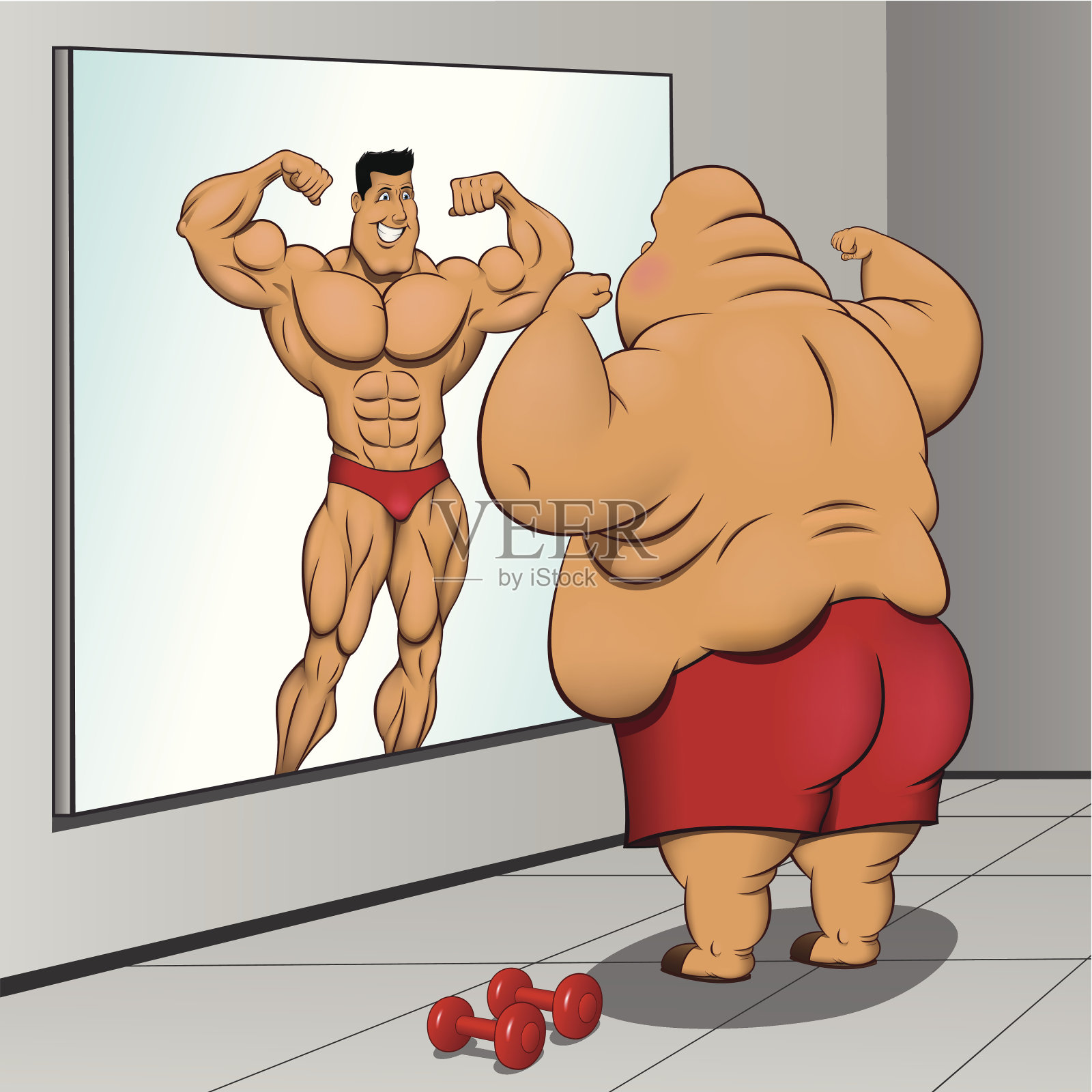 插图:一个胖子和他的倒影插画图片素材