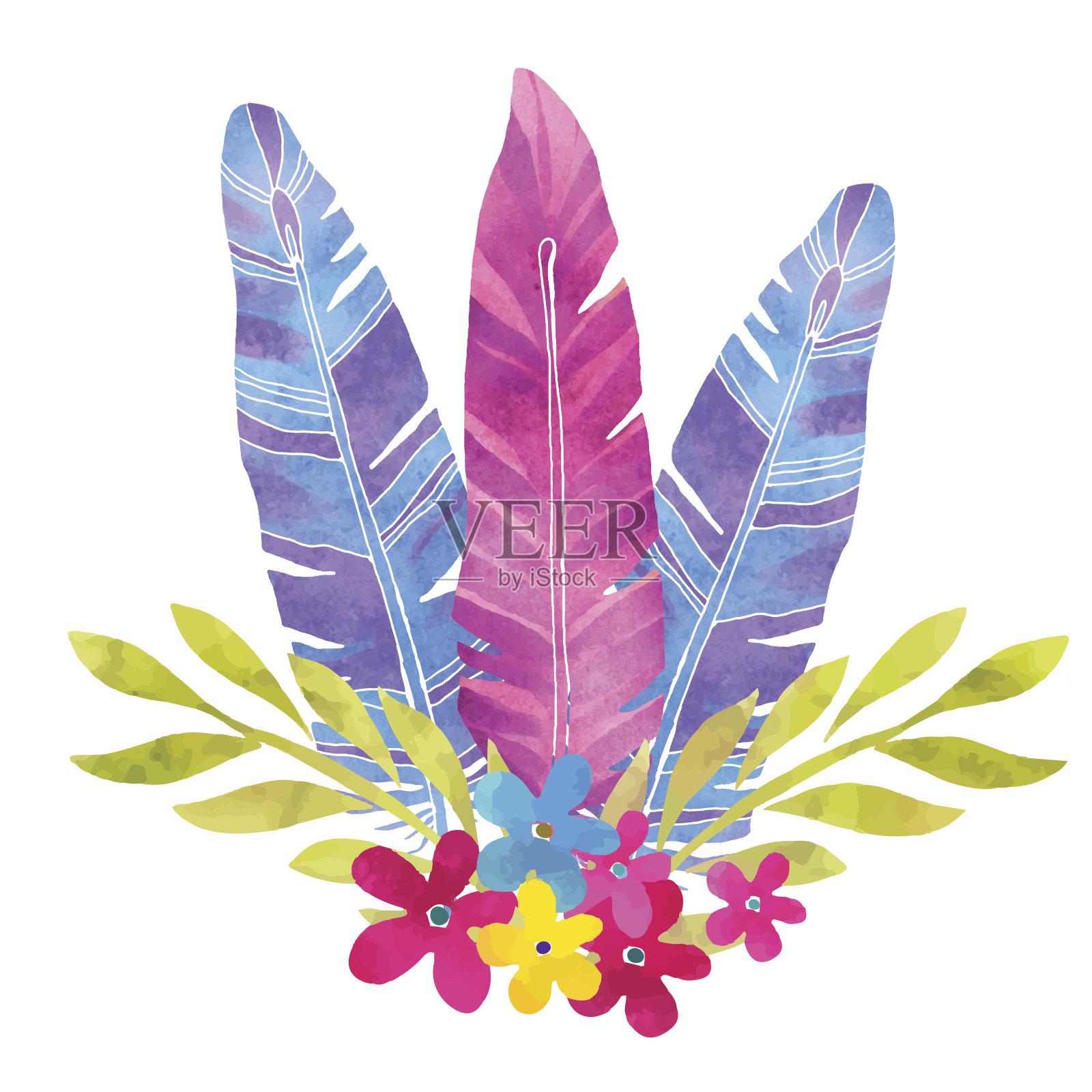 水彩花束,羽毛,花朵,叶子插画图片素材