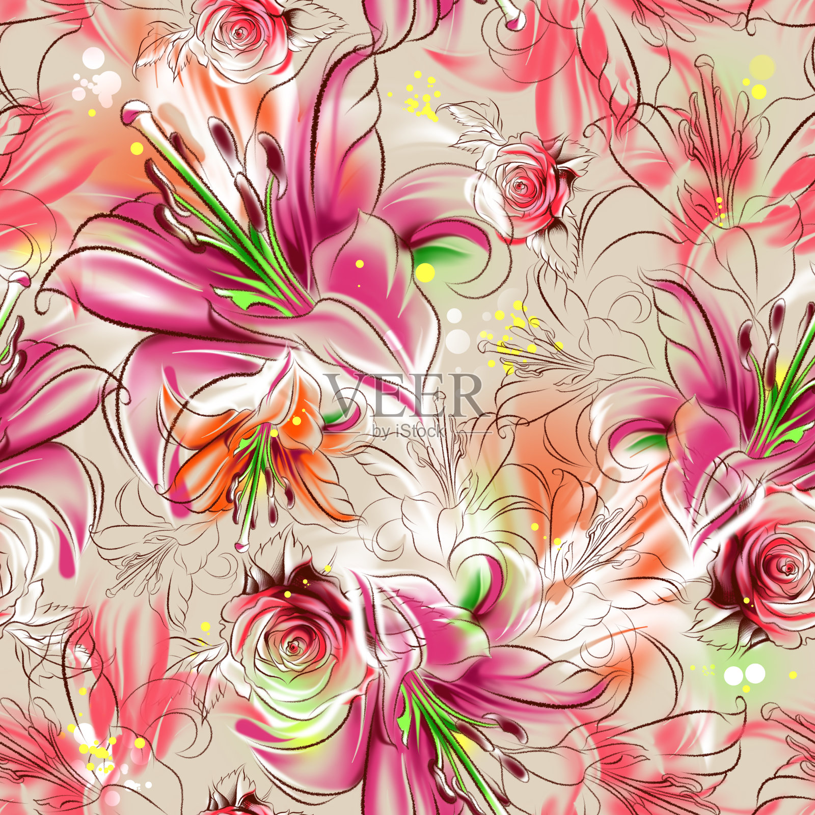 无缝模式。用铅笔和水彩画的热带奇异花朵插画图片素材