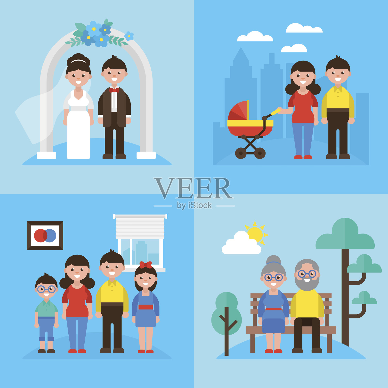 计划生育概念,婚姻,年轻父母,孩子和老人插画图片素材