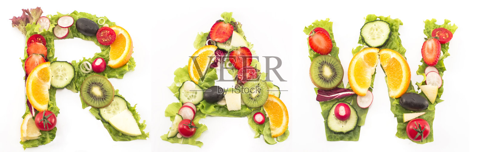 raw一词,由沙拉和水果制成照片摄影图片