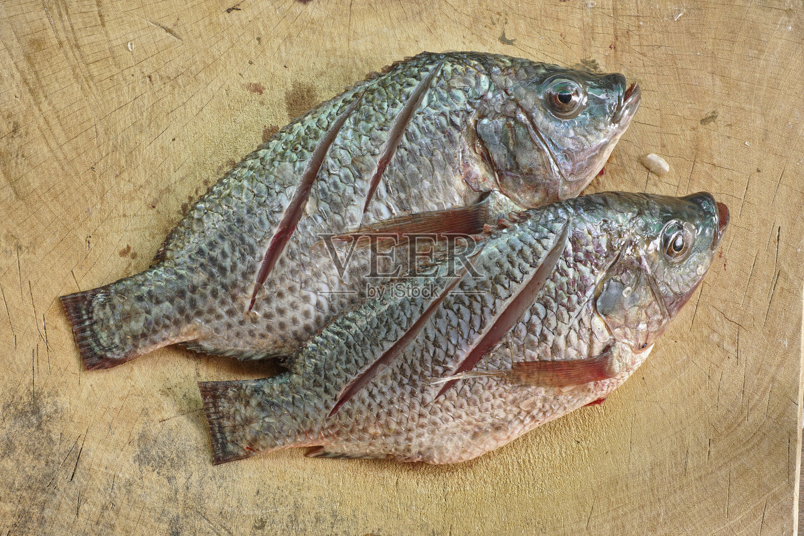 切砧板上的尼罗河鱼切片照片摄影图片