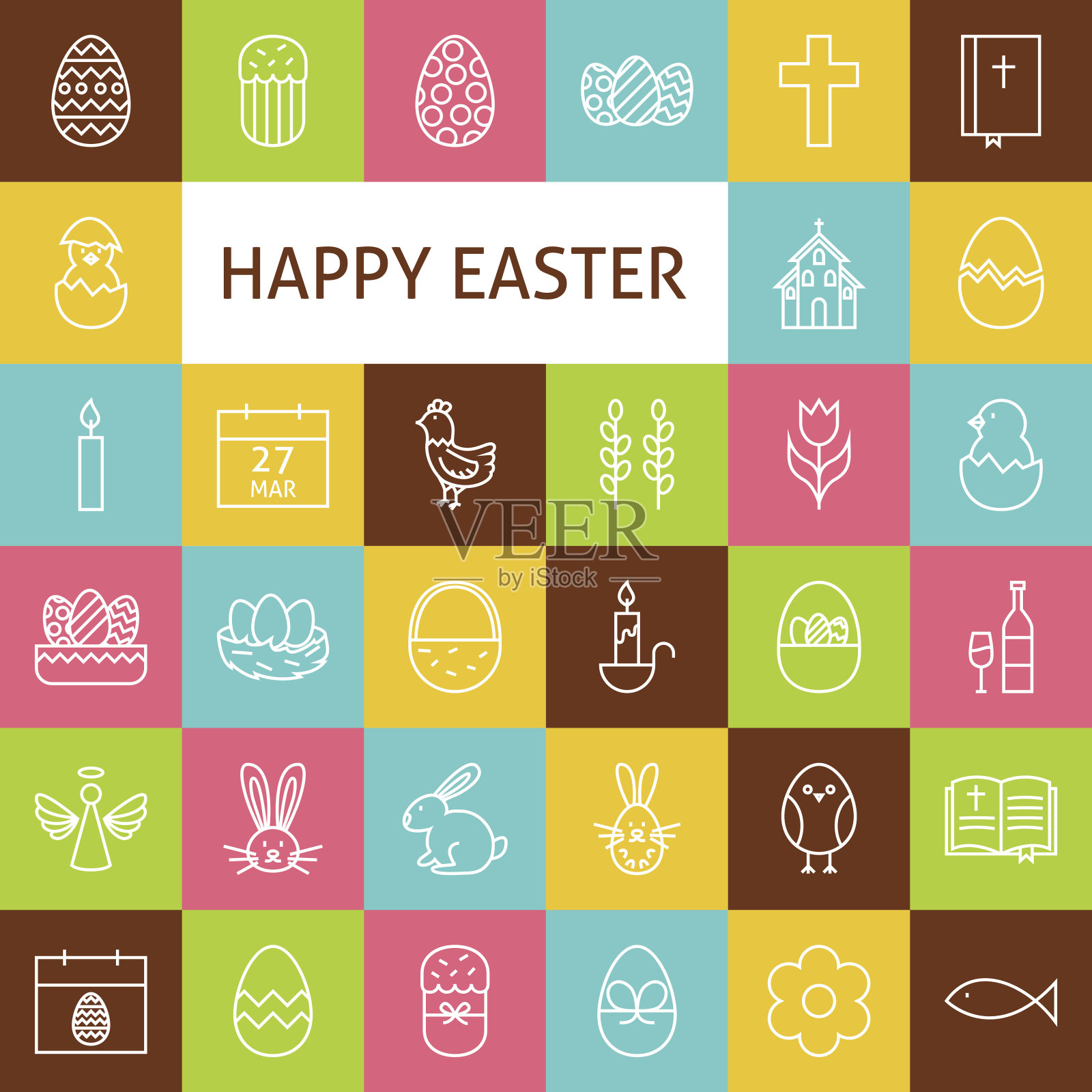矢量线艺术快乐复活节图标集插画图片素材