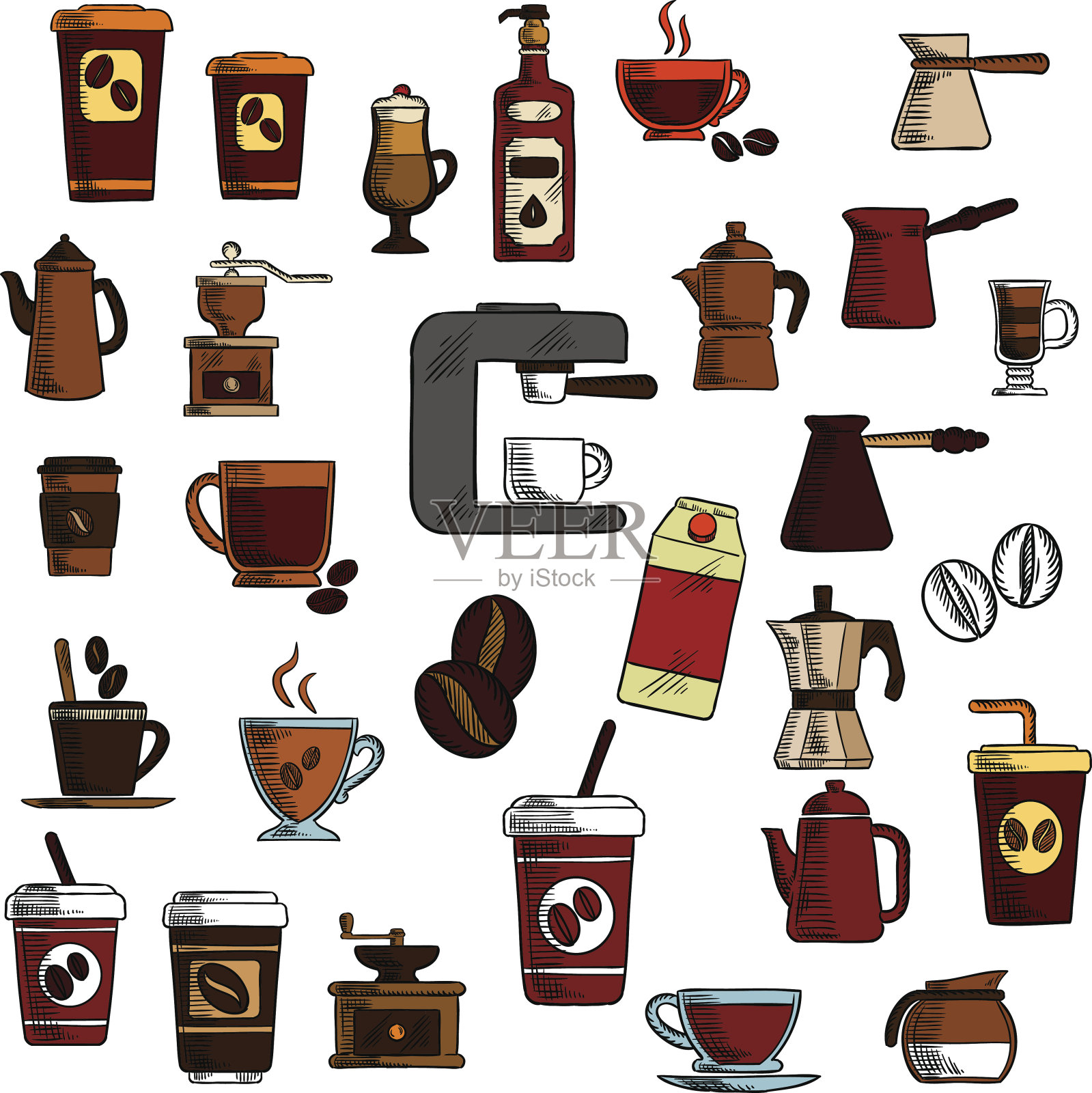 复古素描咖啡杯和壶符号插画图片素材